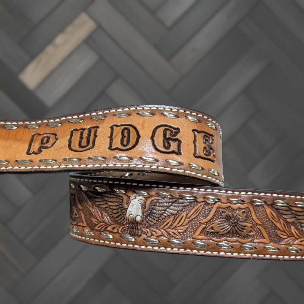 Vintage VINTAGE western belt Tooled PUDGE belt 42 brown leather Cowhide Handmade Men Western Belt Size 42 - 1 Thumbnail