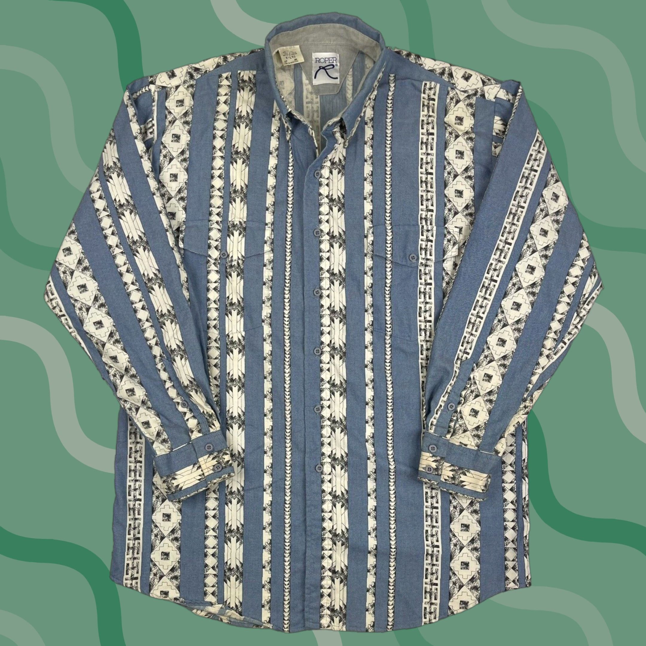 Roper VINTAGE ROPER Shirt Mens XL Blue Aztec Geometric 100% Cotton Button-Up Western Cowboy 90s Retro USA Size US XL / EU 56 / 4 - 1 Thumbnail