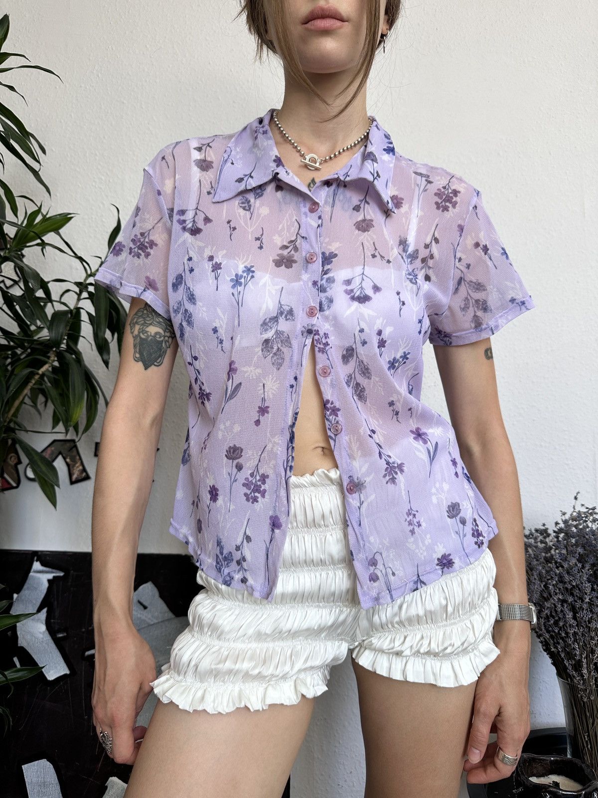 Japanese Brand Y2K Archival floral jpg Japan style mesh button up top Size ONE SIZE - 4 Thumbnail