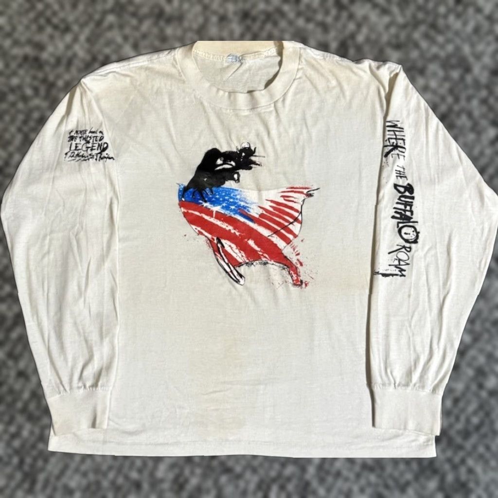 Vintage VINTAGE National 80s Where The Buffalo Roam T Shirt XL Men White Cotton Graphic Print Crew Neck Long Sleeve Logo Movie Band Art Womens? Size US XL / EU 56 / 4 - 1 Thumbnail