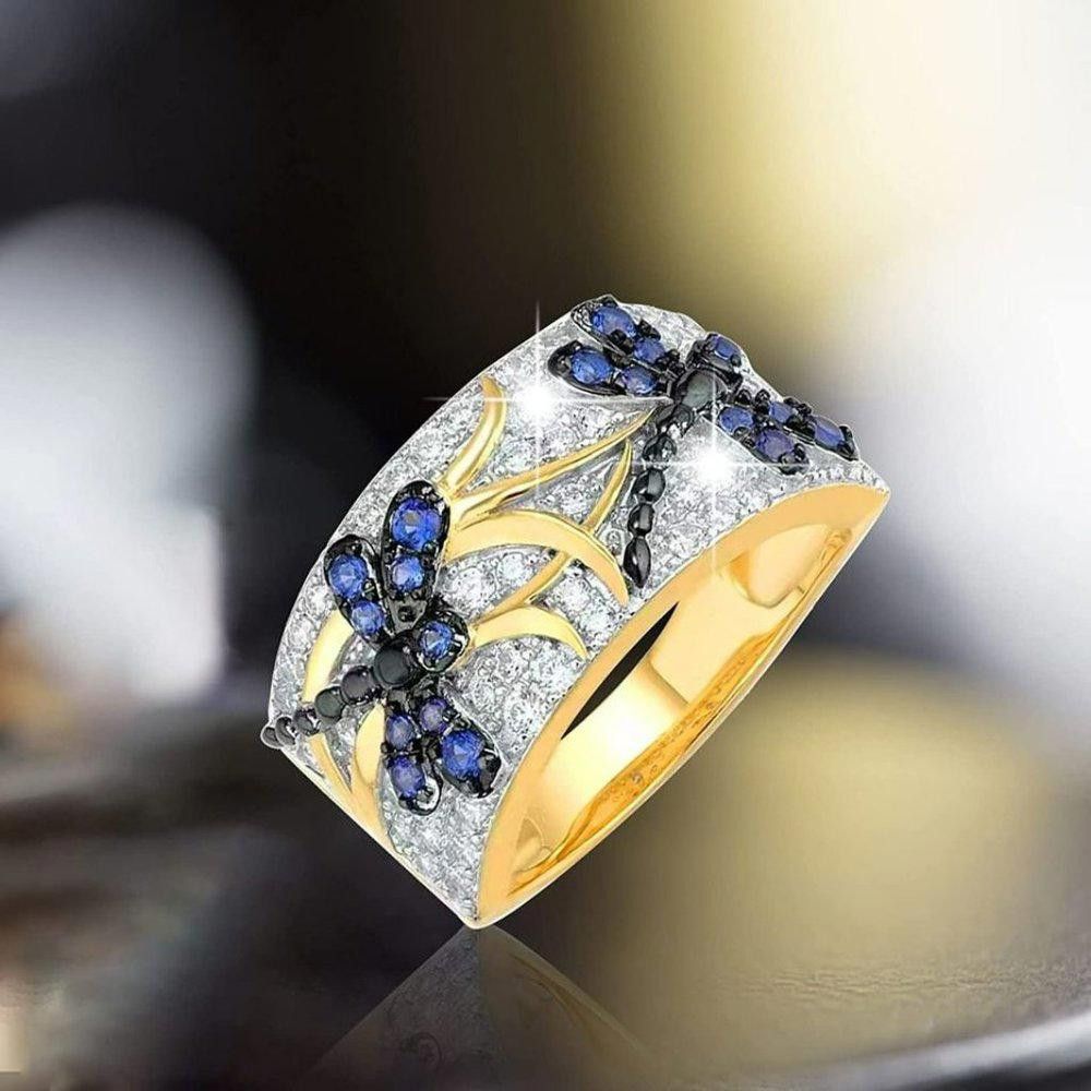 Designer Blue Dragonfly Inlaid Crystal Gold Ring - Size 6 Size ONE SIZE - 1 Thumbnail