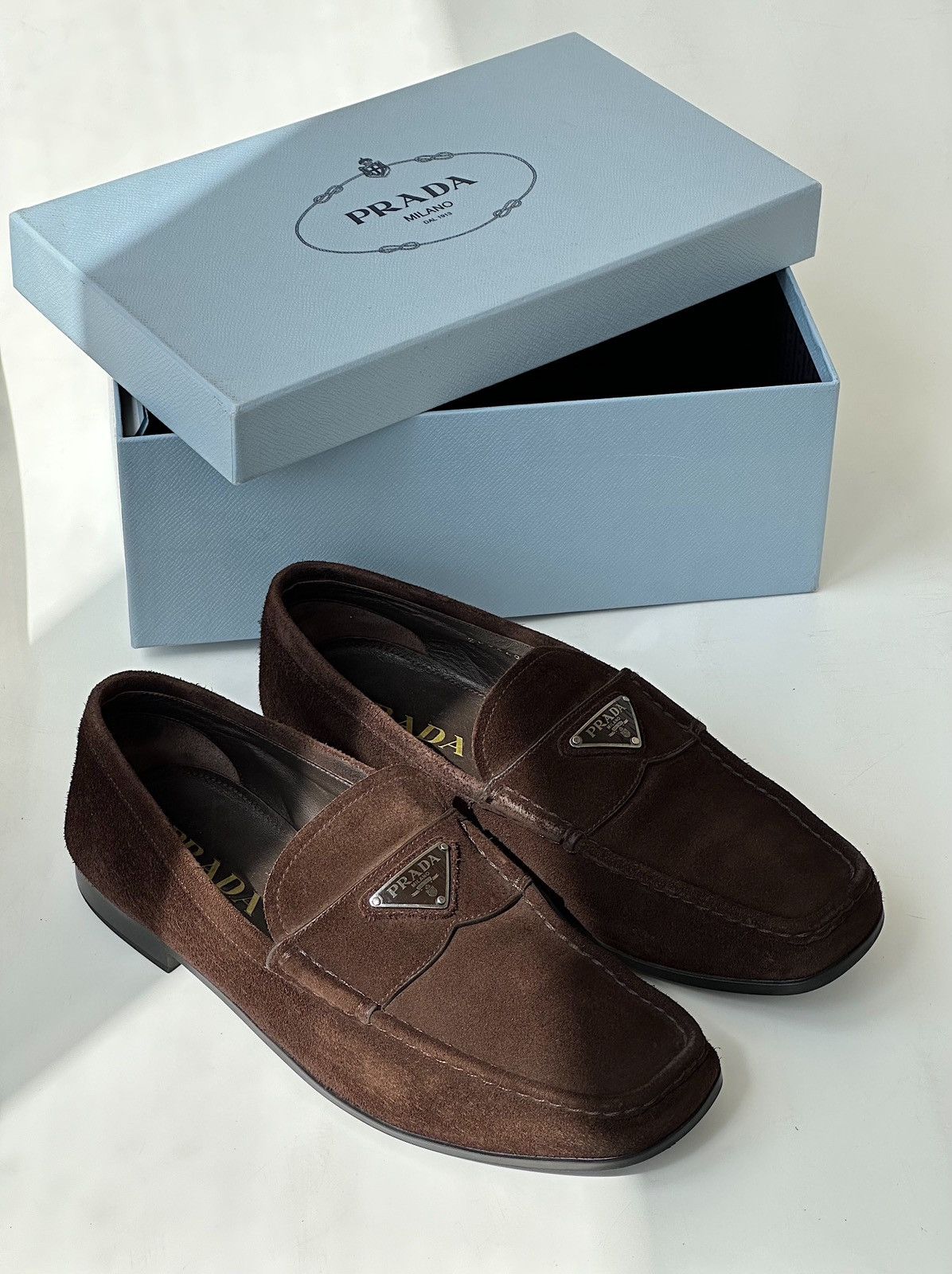 Prada $1100 Fw2023 Logo Plaque Suede Loafers Shoes Boots Raf in Brown, Men's (Size 9)