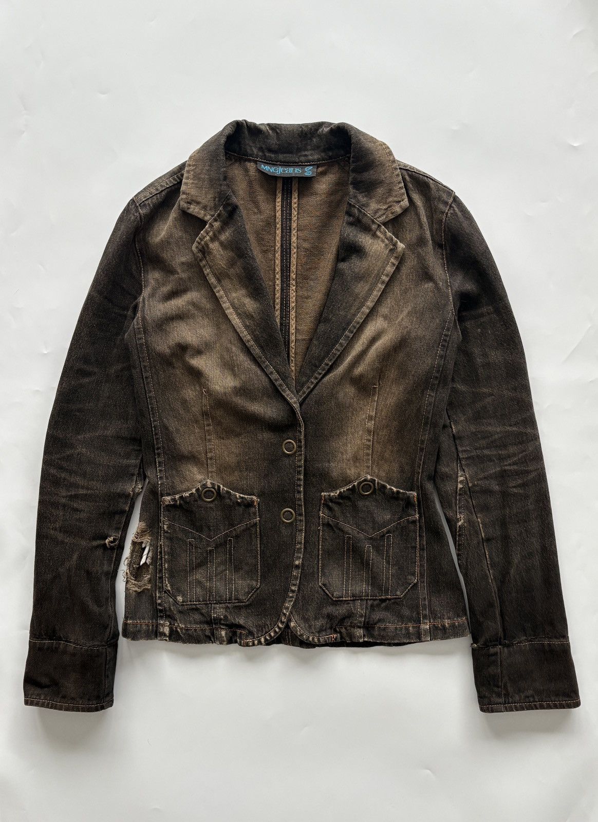 Japanese Brand Distressed Dark Brown Denim Blazer Jacket Opium Archive S Size S / US 4 / IT 40 - 1 Thumbnail
