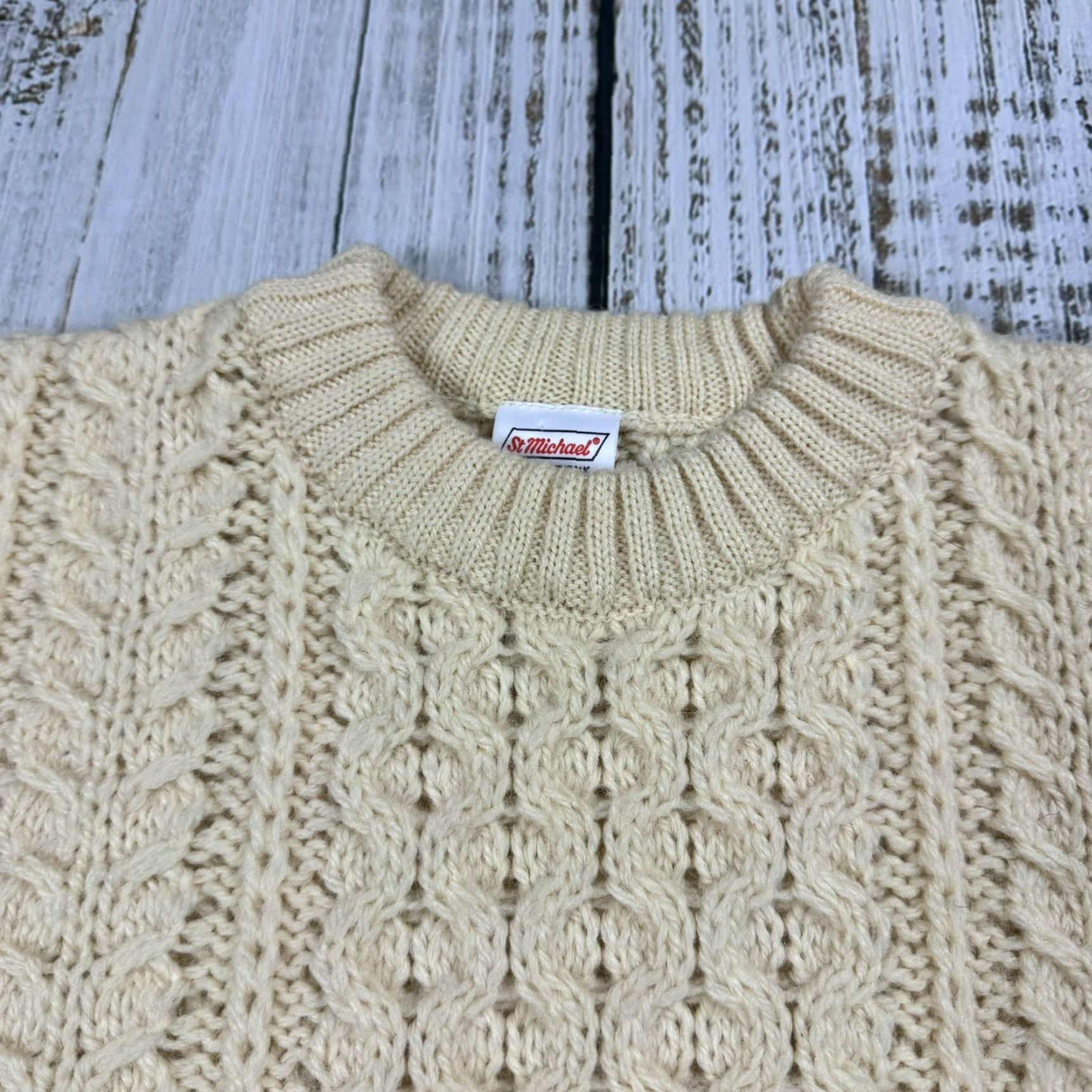 Vintage VINTAGE ST MICHAEL BRITISH FISHERMAN CABLE KNIT SWEATER HEAVY WOOL IVORY SIZE 40 MENS 70s Size US L / EU 52-54 / 3 - 3 Thumbnail