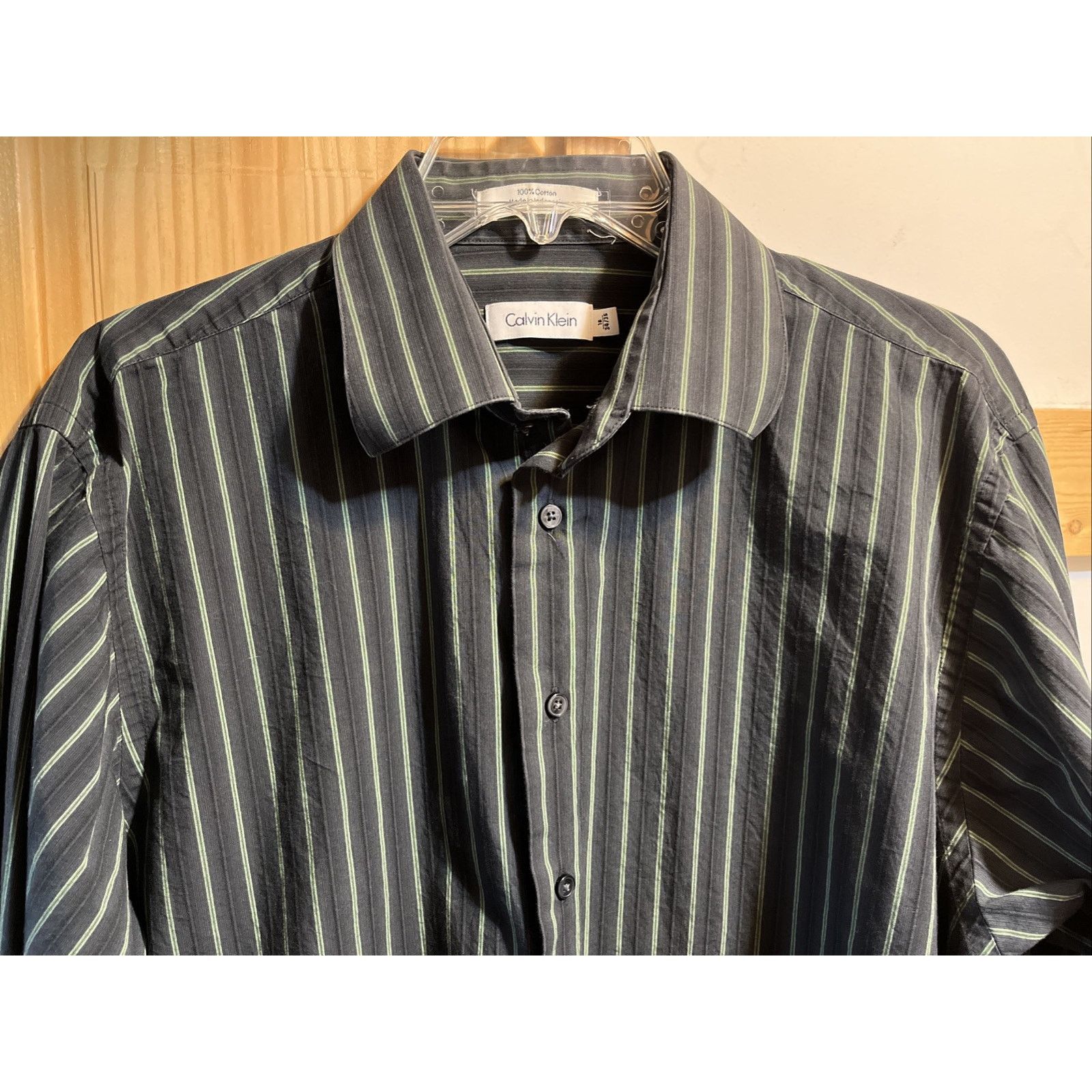 Calvin Klein Calvin Klein Men 16 34/35 Black Green Stripe LS Cotton Shirt Size US L / EU 52-54 / 3 - 5 Thumbnail