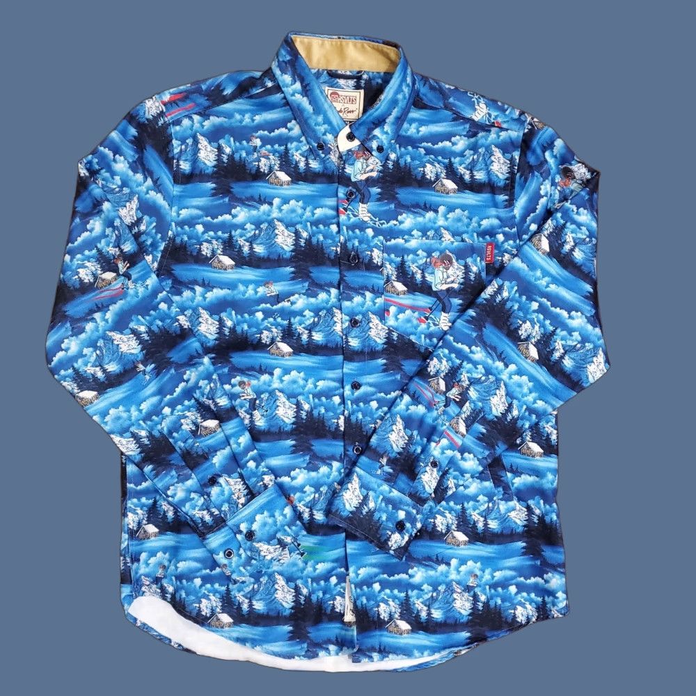 Vintage RSVLTS Bob Ross Shirt Mens Medium Blue Winter Skiing Mountains Button Up Pattern Geofrost? Size US M / EU 48-50 / 2 - 1 Thumbnail