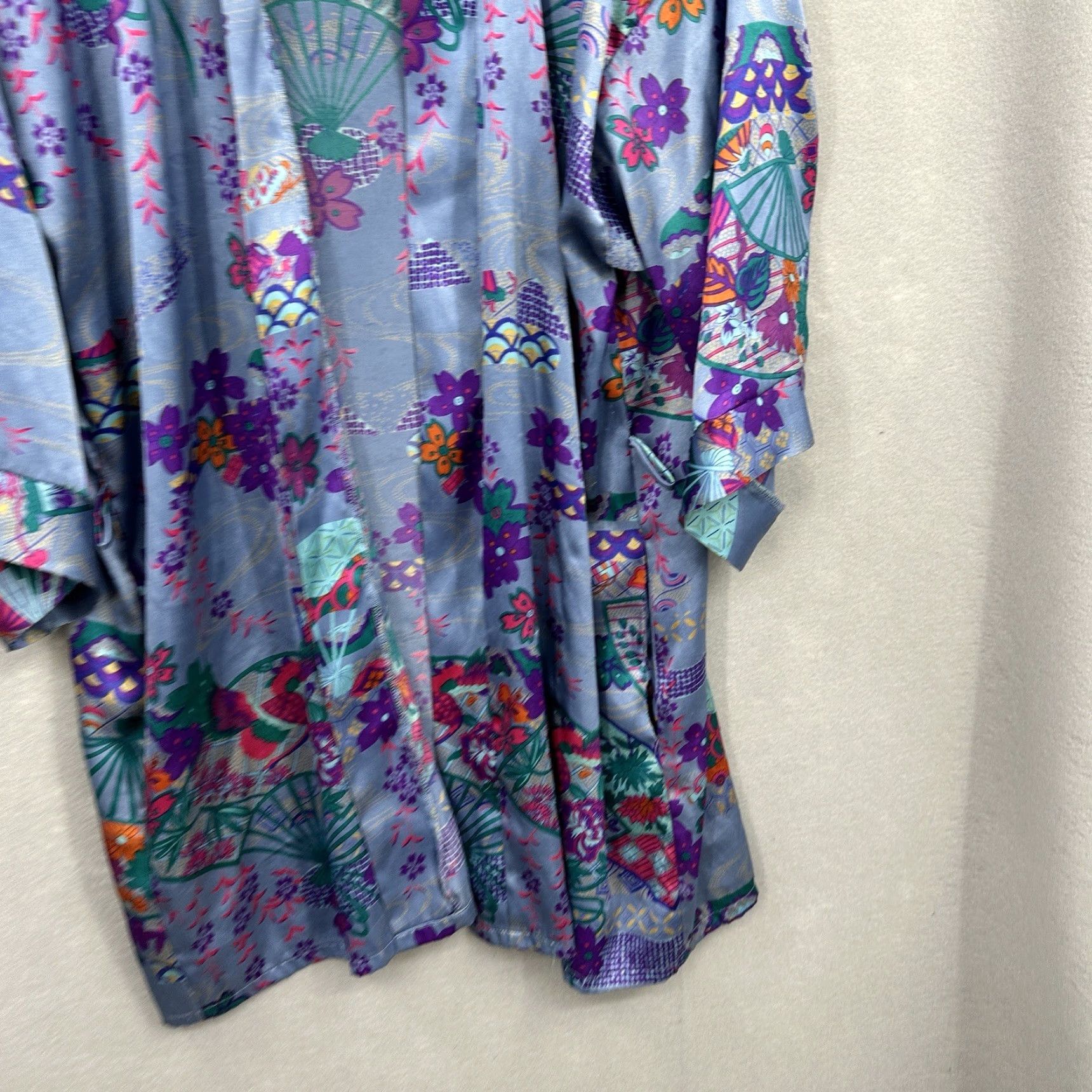 Vintage VINTAGE Fredericks Of Hollywood Robe Womens One Size Blue Satin Kimono Boho Floral y2k READ Size ONE SIZE - 3 Thumbnail