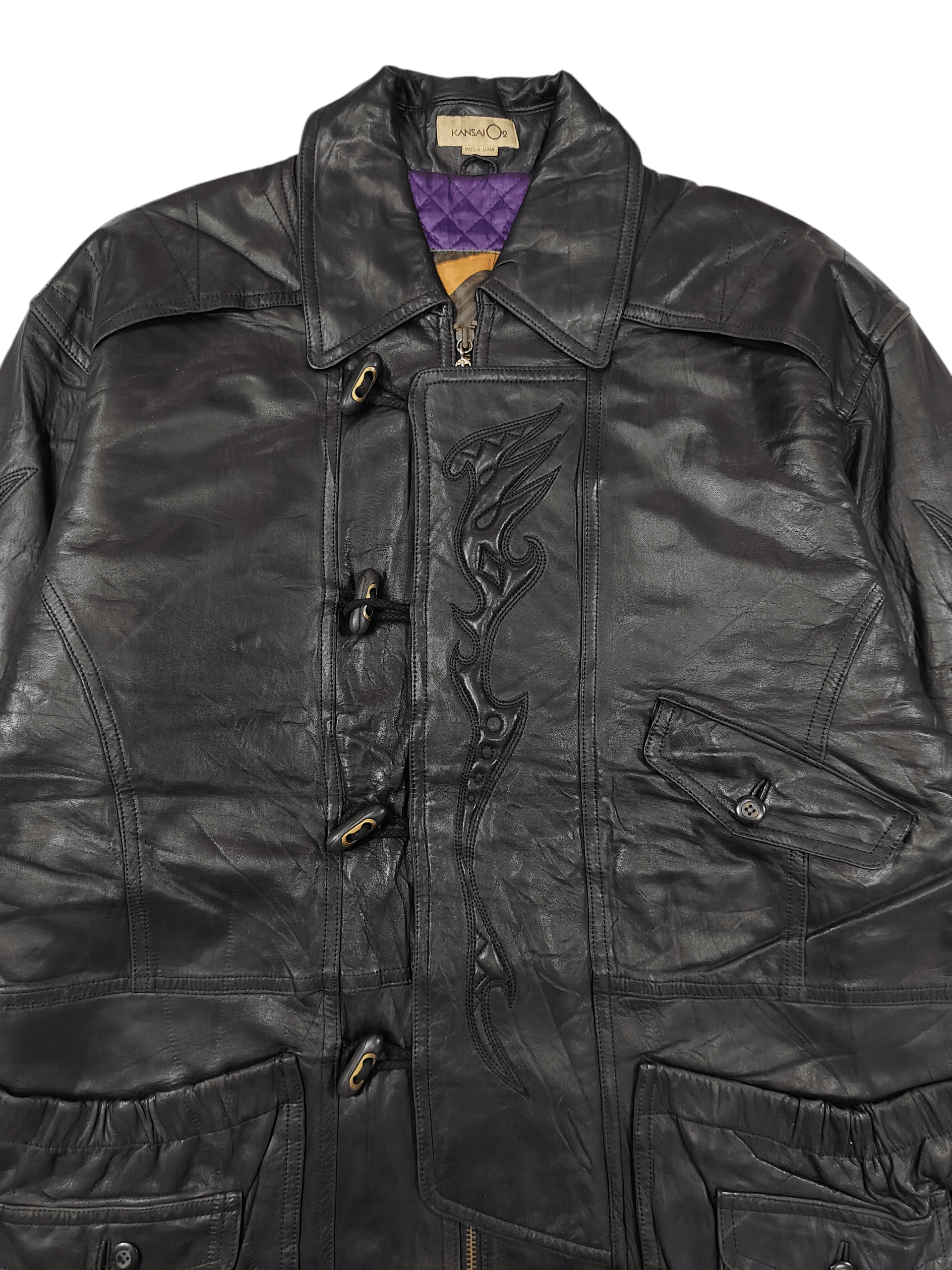 Kansai Yamamoto ARCHIVE📕80s Kansai O2 Tribal Embossed Leather Jacket Size US L / EU 52-54 / 3 - 4 Thumbnail