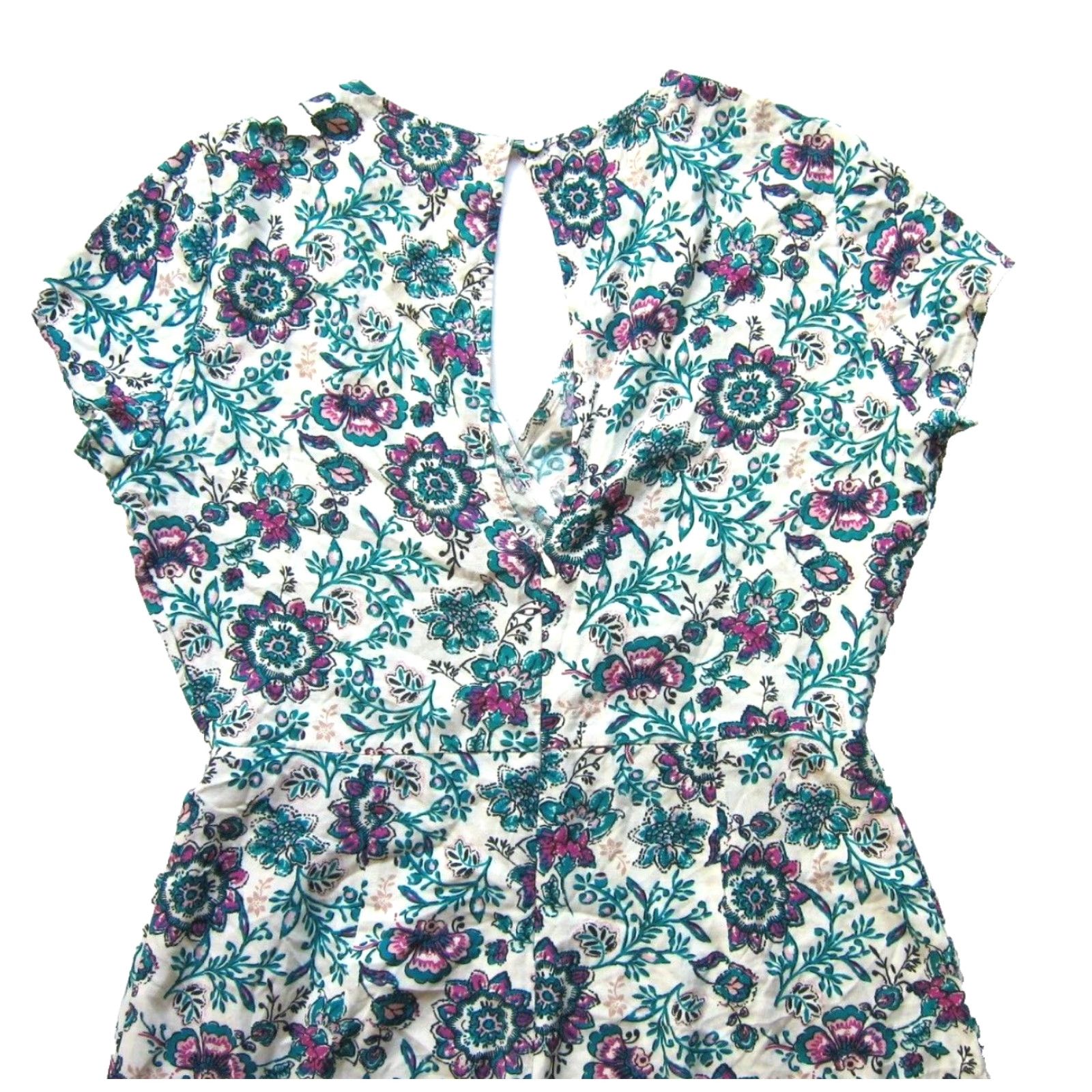 Pinko VINTAGE Miami 100% Rayon Green Pink Floral Cap Sleeve Wide Leg Romper Jumpsuit Small Size 28" / US 6 / IT 42 - 5 Thumbnail