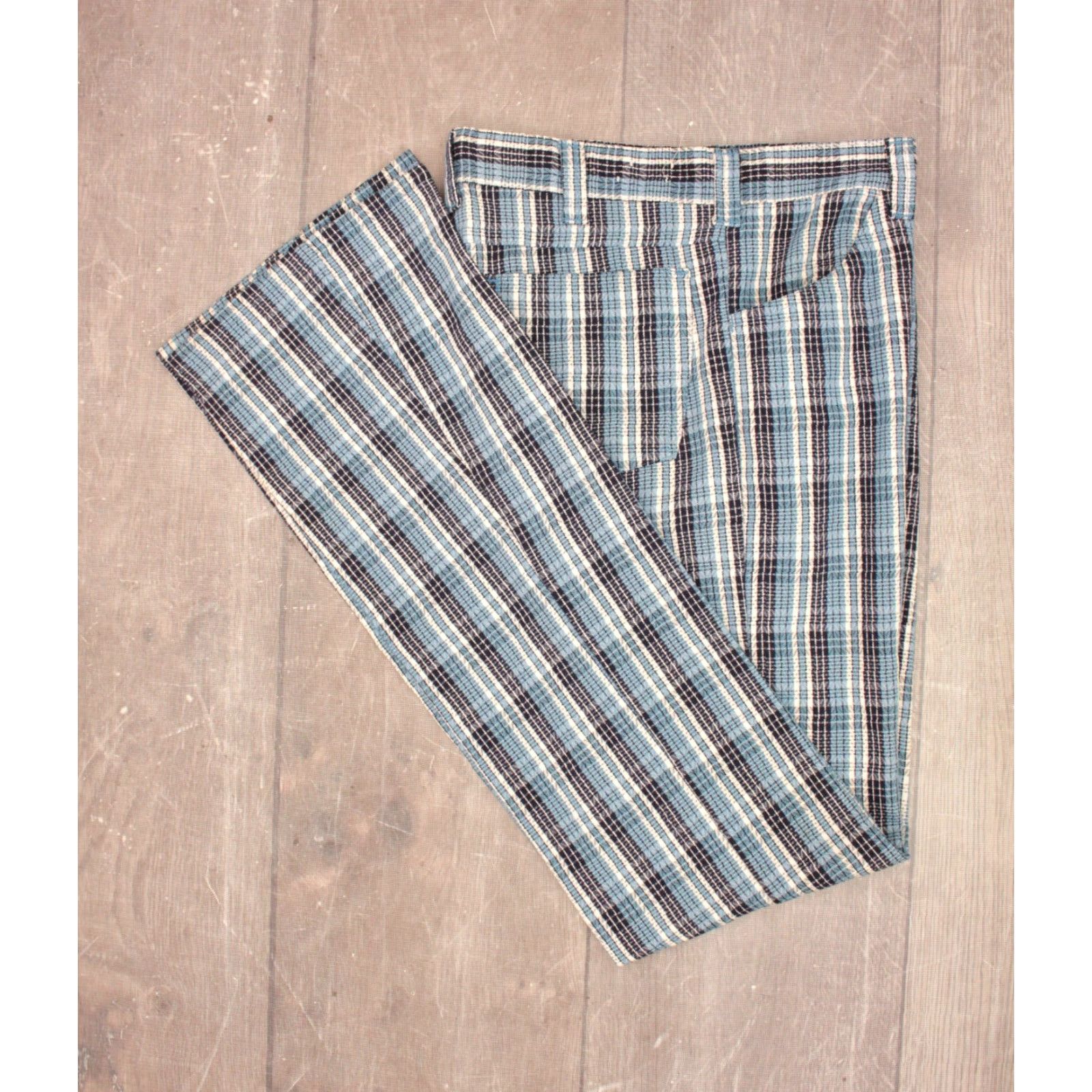 Vintage VINTAGE Men's VTG 1960s Blue Plaid Boot Cut Pants Sz 31x35.5 Flared Trousers 60s Jeans Womens? Size US 31 - 2 Thumbnail