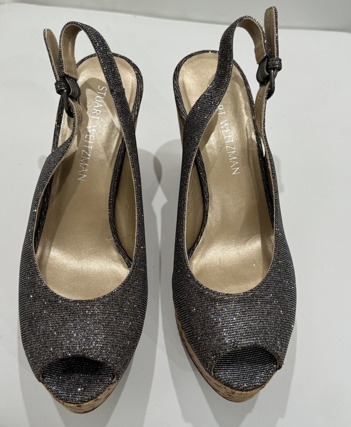Stuart Weitzman Stuart Weitzman Black Silver Glitter Slingback Wedge Size US 8.5 / IT 38.5 - 1 Thumbnail