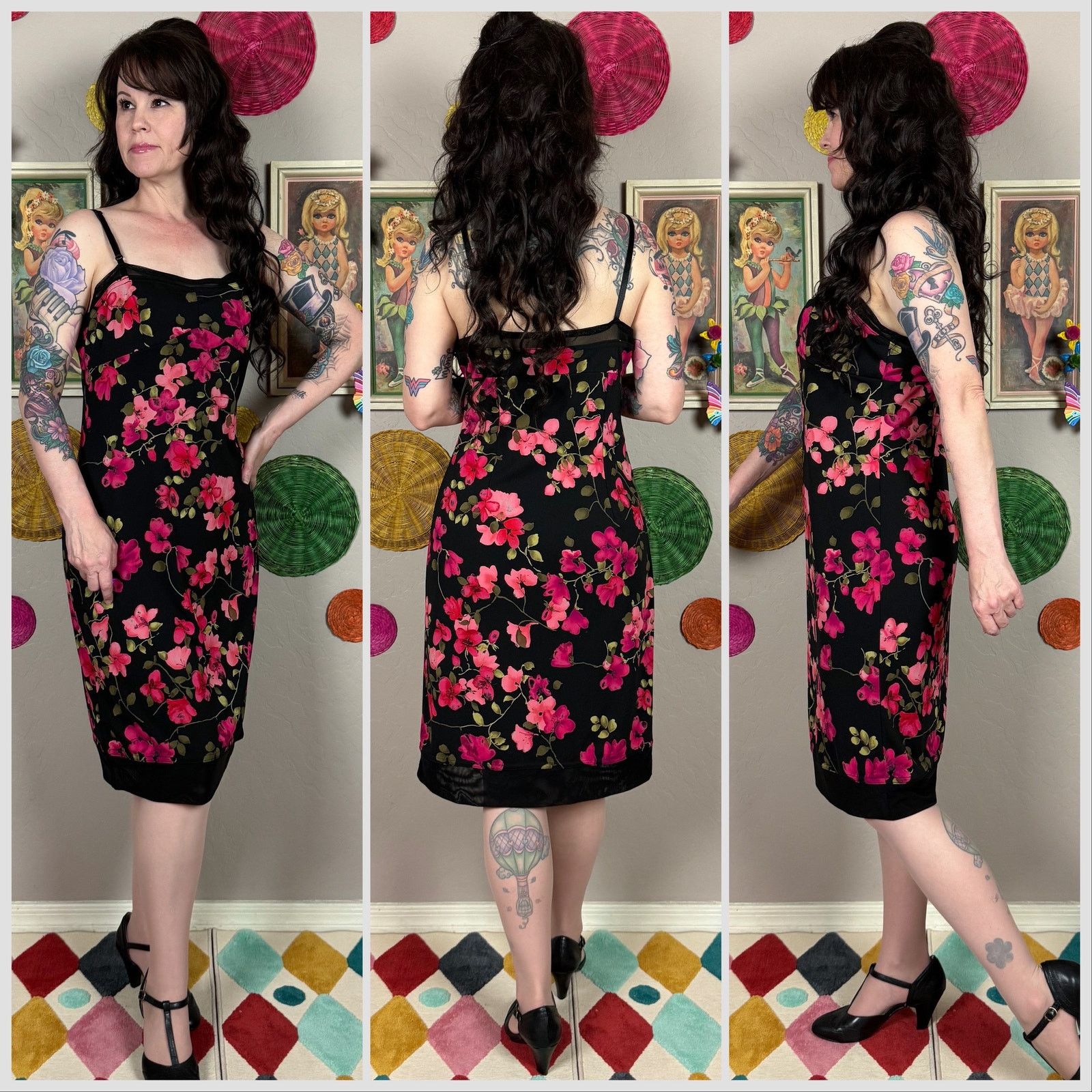 Vintage Vintage 1990s Black and Pink Floral Sleeveless Slipdress Size M / US 6-8 / IT 42-44 - 2 Thumbnail