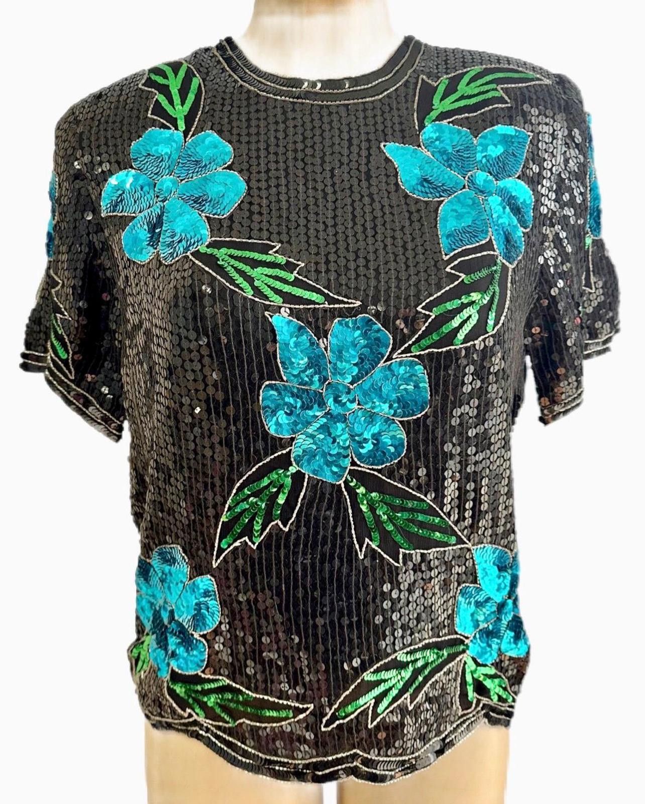 Other Sequin Top Black with Turquoise Flowers size 12 Size XL / US 12-14 / IT 48-50 - 1 Thumbnail
