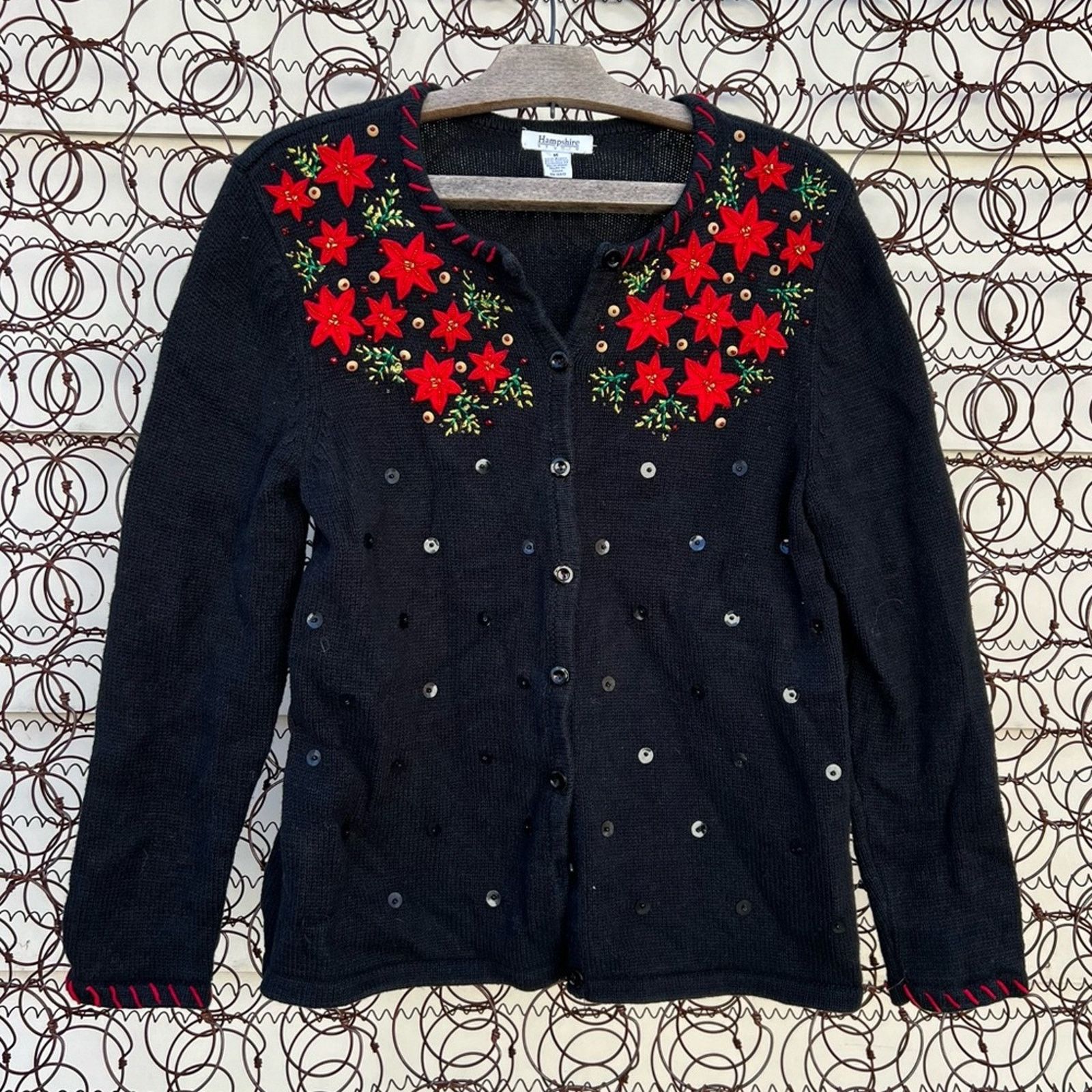 90s poinsettia ugly Christmas Holiday bold bling cardigan