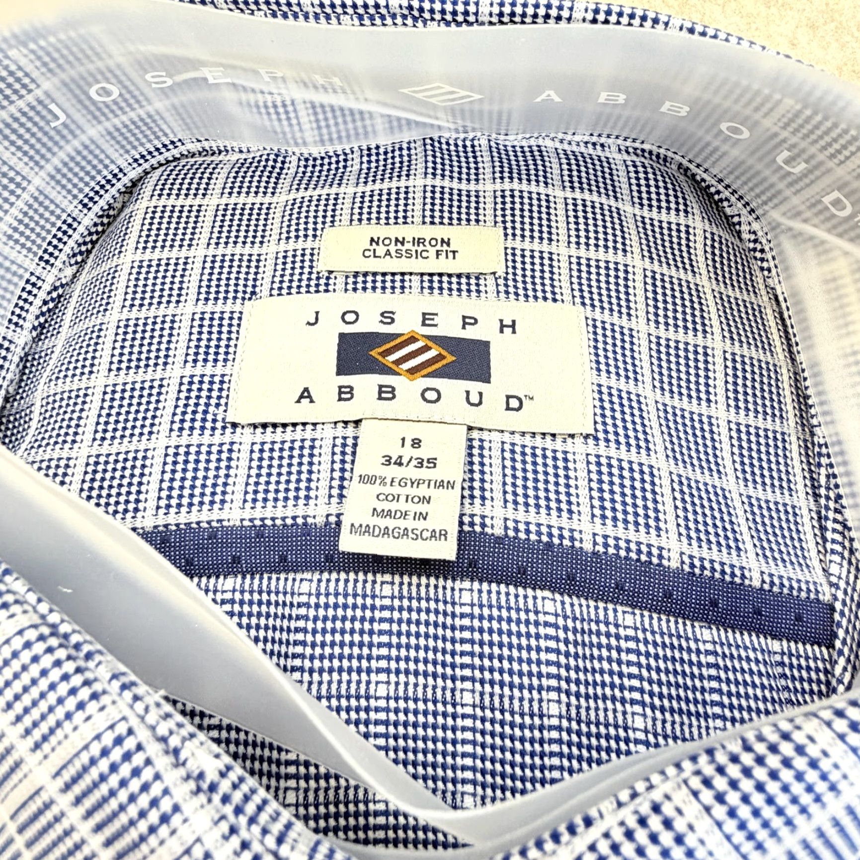 Joseph Abboud Dress Shirt Mens 18 34/35 Blue Check Classic Fit Non Iron  Cotton