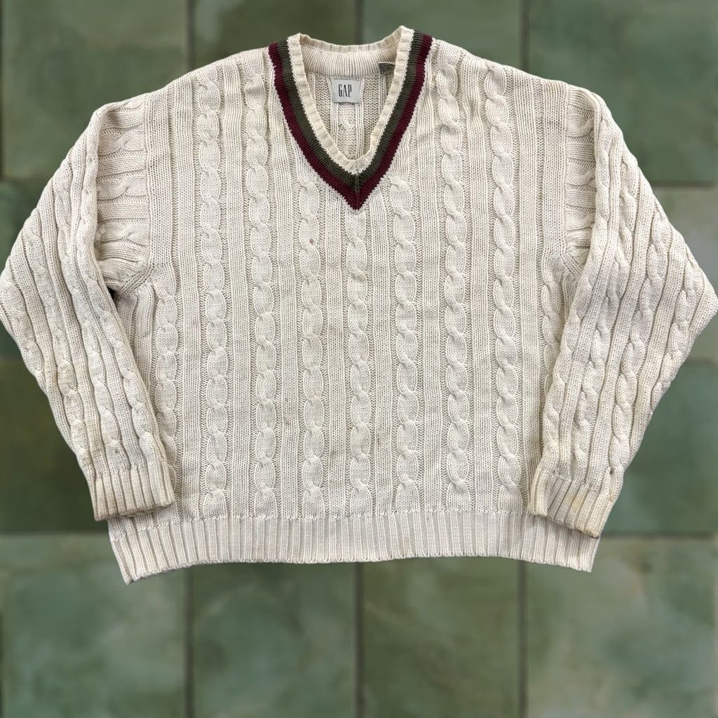 Gap VINTAGE Gap Sweater Mens 2XL Ivory Cable Knit V Neck Tennis Cricket 90s Y2K Size US XXL / EU 58 / 5 - 1 Thumbnail