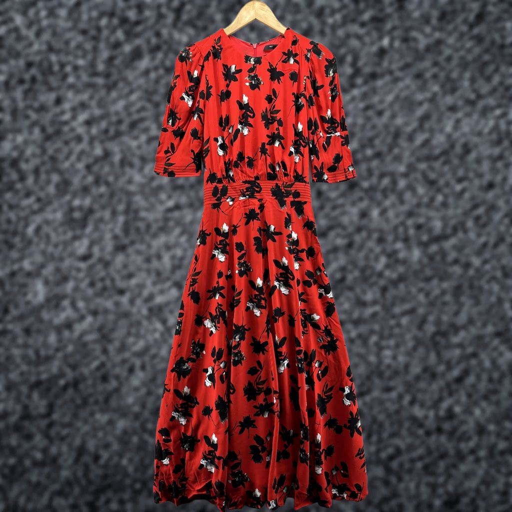 Vintage Derek Lam Dress Womens Medium Red Floral Puff Sleeve Maxi Lined Fit & Flare Navy Back Zip Crew Neck Size M / US 6-8 / IT 42-44 - 1 Thumbnail