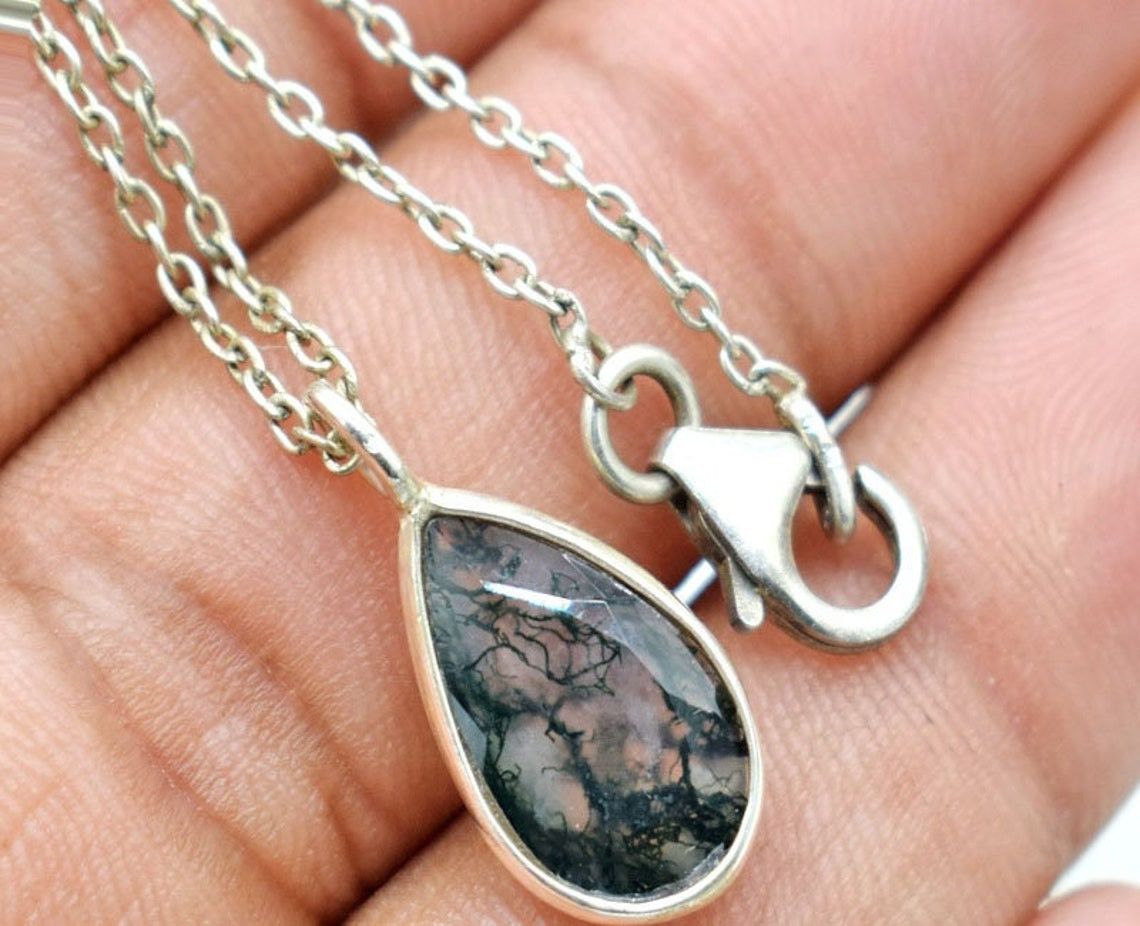 Handmade 925 Silver Moss Agate Necklace Checker Cut stone Pendant Size ONE SIZE - 4 Thumbnail