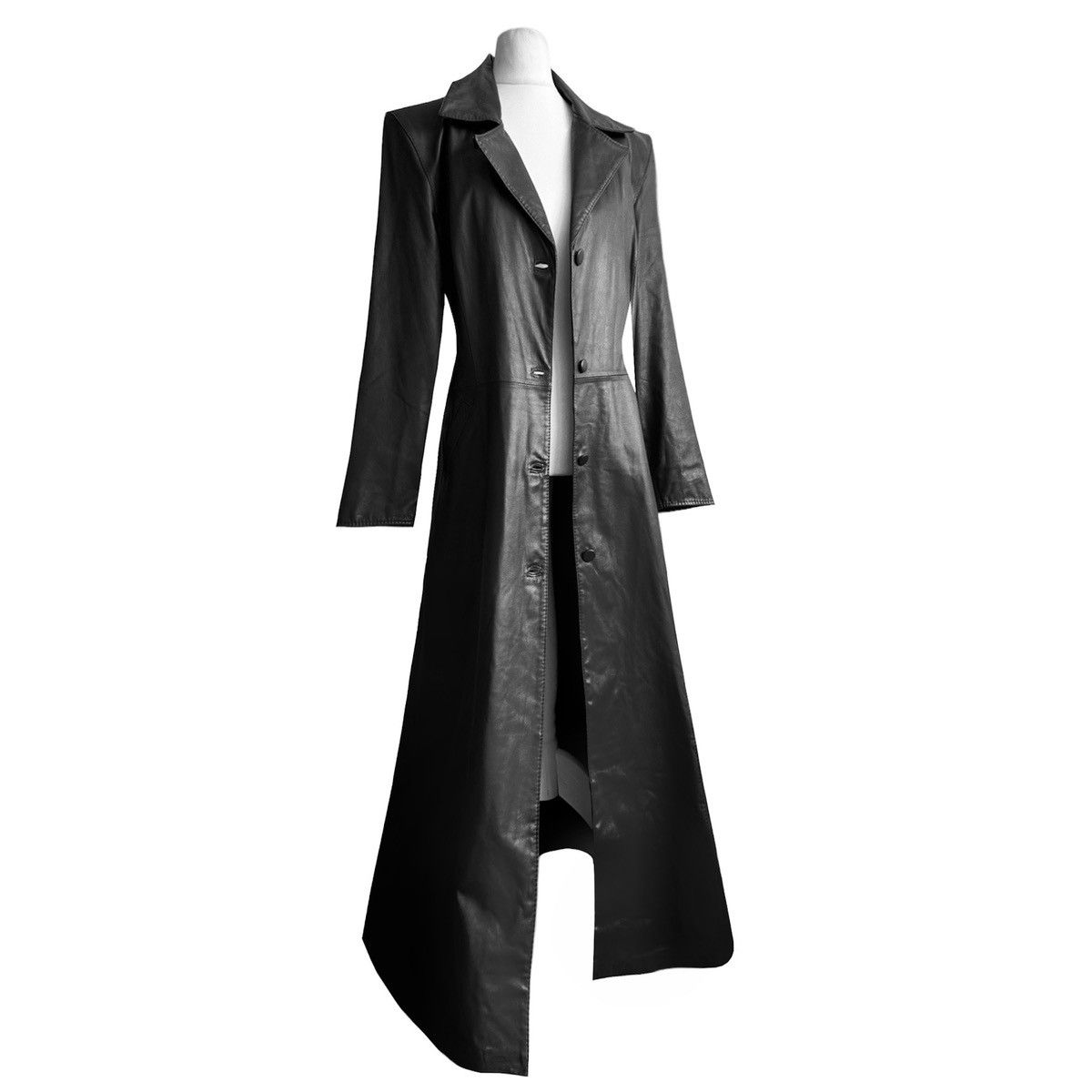 Image of Vintage Super Long Leather Coat 90's in Black, Women's (Size Large)