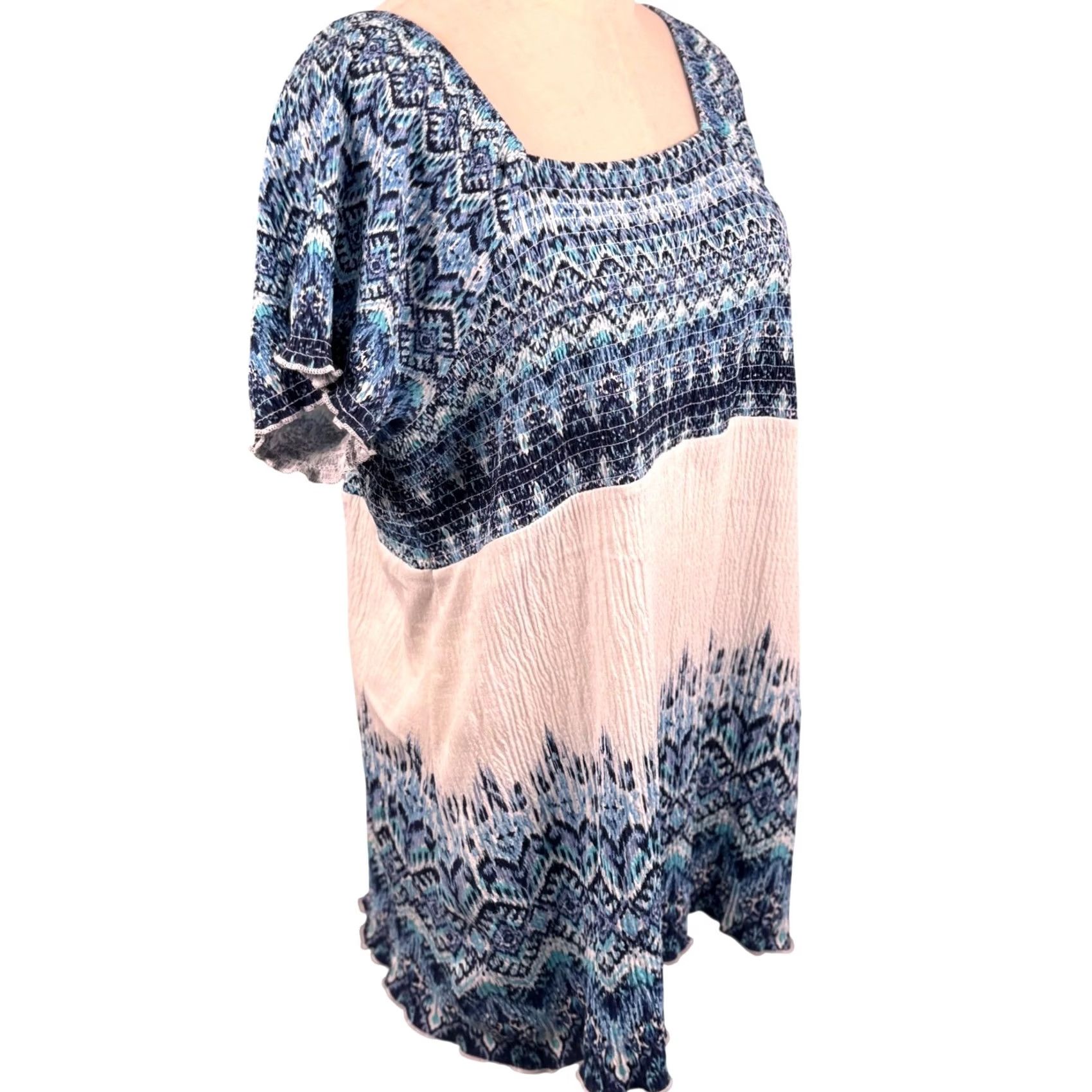 Vintage VINTAGE Ikat Smocked Top 1X Peasant Coastal Boho Artsy Tunic Lagenlook Resort Cruise EUC Size XL / US 12-14 / IT 48-50 - 5 Thumbnail