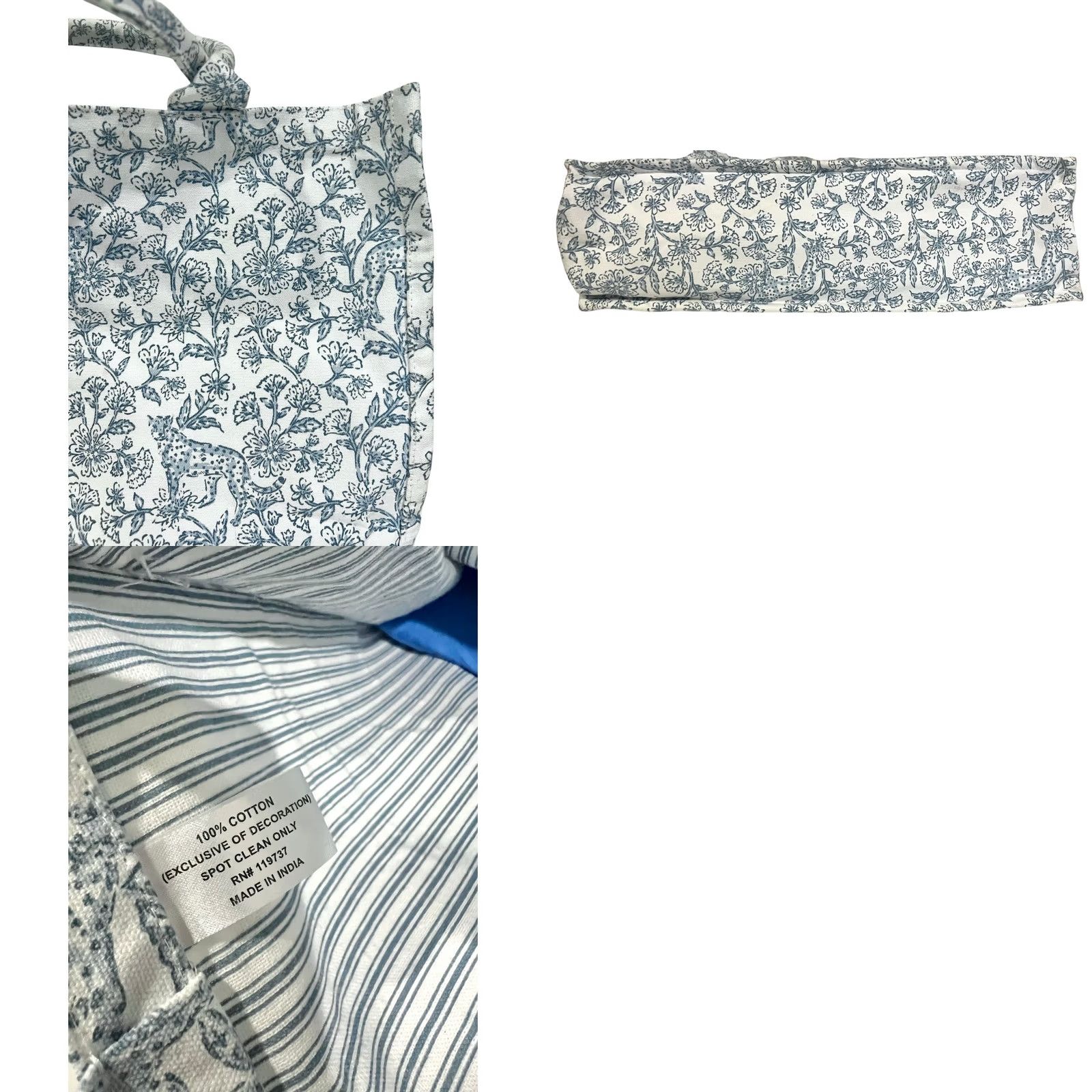 Vintage Blue & White Toile Tote Bag Cheetah/Leopard Floral Cotton Canvas Shoulder Bag Tote Unbranded Unisex Adults Size ONE SIZE - 9 Thumbnail