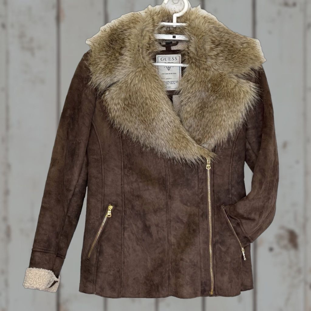 Guess VINTAGE GUESS Y2K Faux Suede Jacket Womens Medium Brown Fur Collar Zip Up Biker Size M / US 6-8 / IT 42-44 - 1 Thumbnail