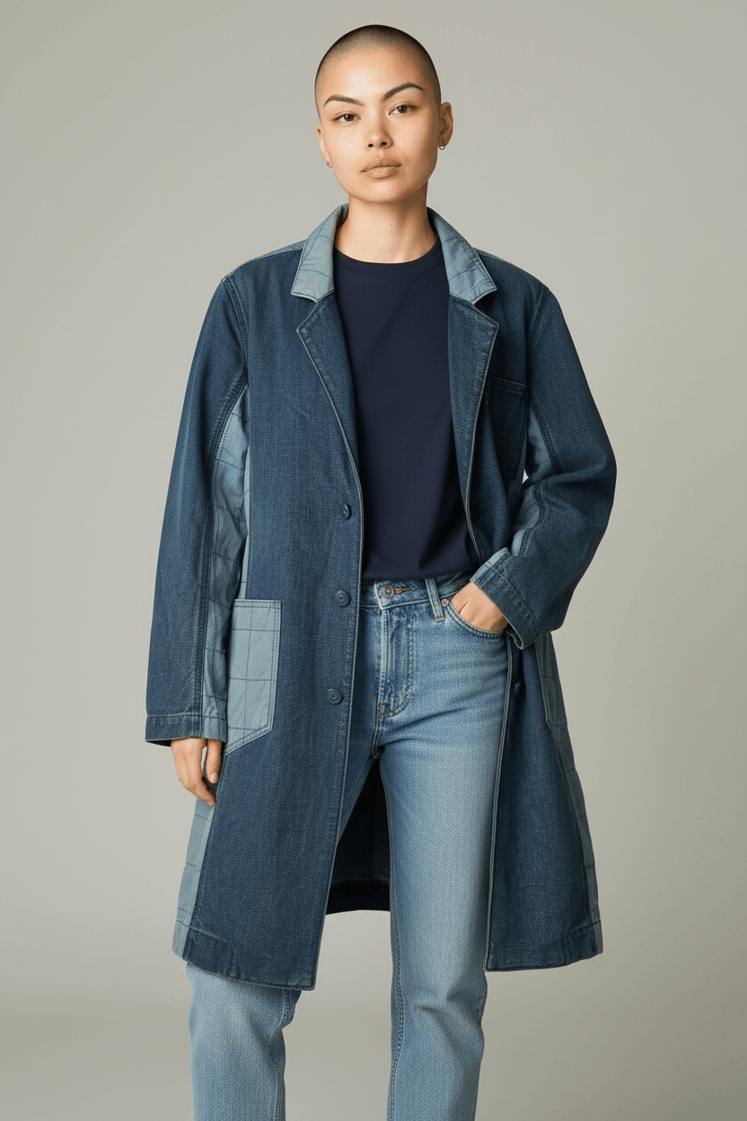 Ne-Net Ne-net Patchwork Denim Long Coat Quilted Panel Belted Back Size S / US 4 / IT 40 - 1 Thumbnail