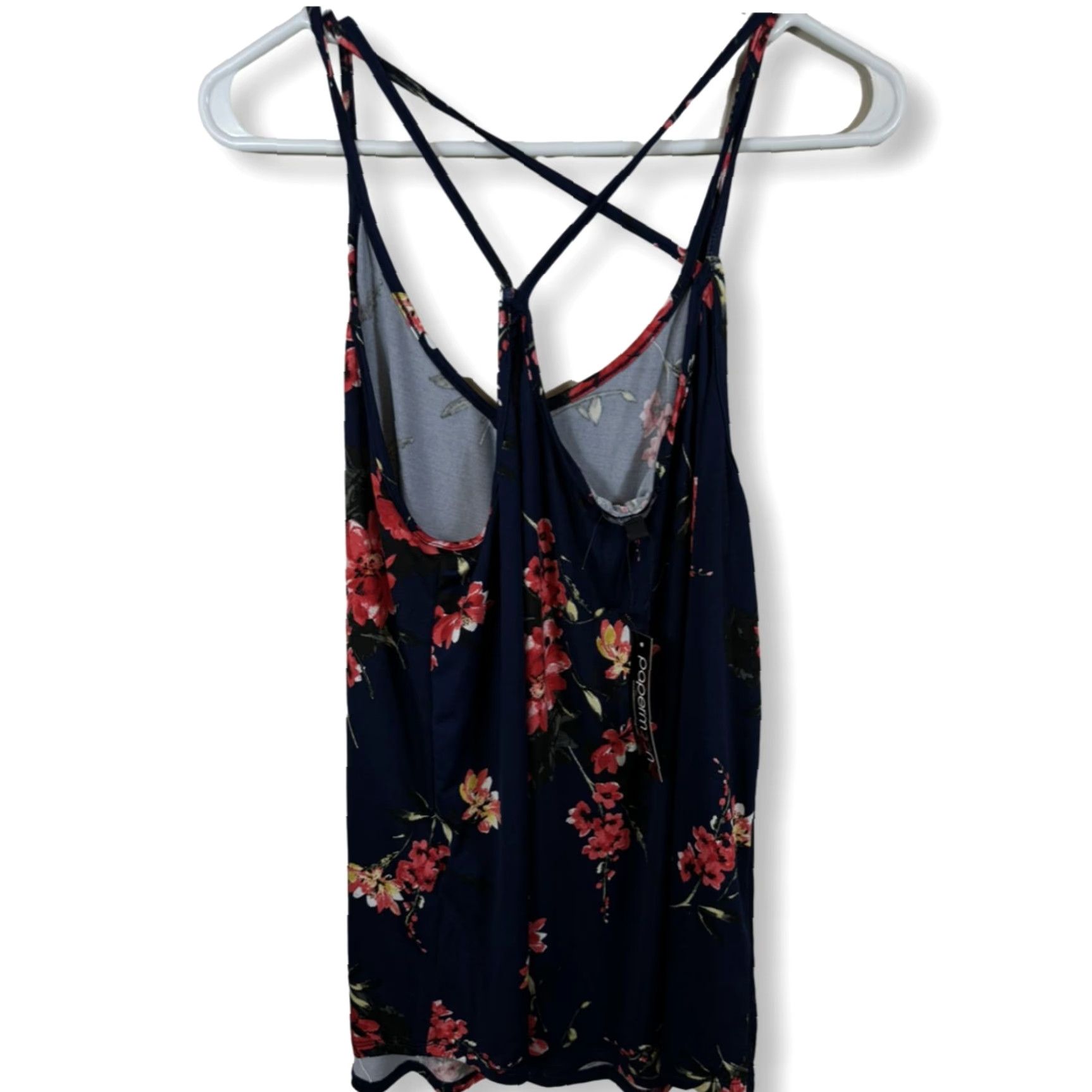 Vintage Papermoon Blouse Sleeveless Spaghetti Straps Navy Floral 1X Womens V-Neck Pullover Casual Party/Cocktail Travel Lightweight Polyester Spandex Rayon Size XL / US 12-14 / IT 48-50 - 3 Thumbnail