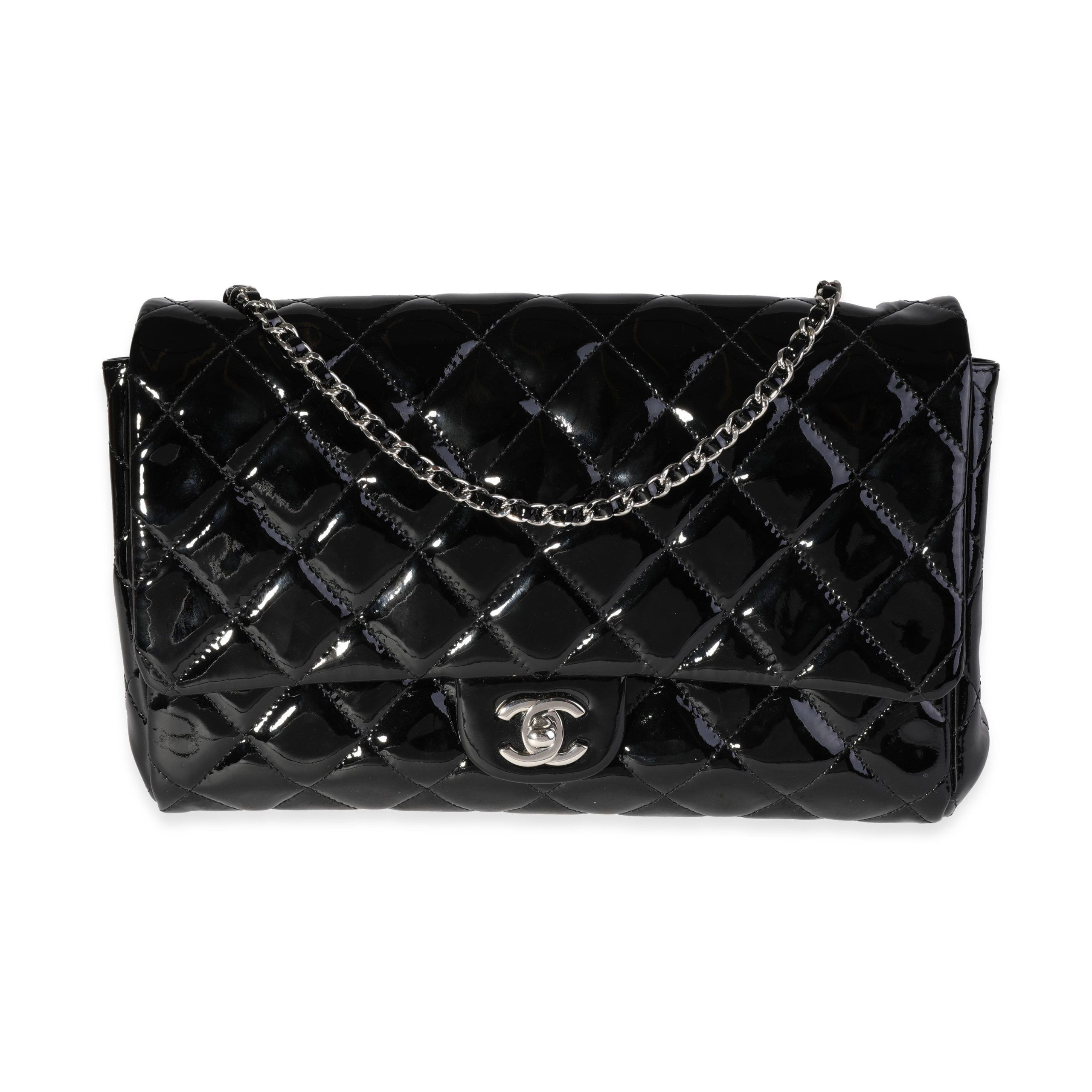 image of Chanel Black Quilted Patent Leather Classic Flap Clutch With Chain, Women's