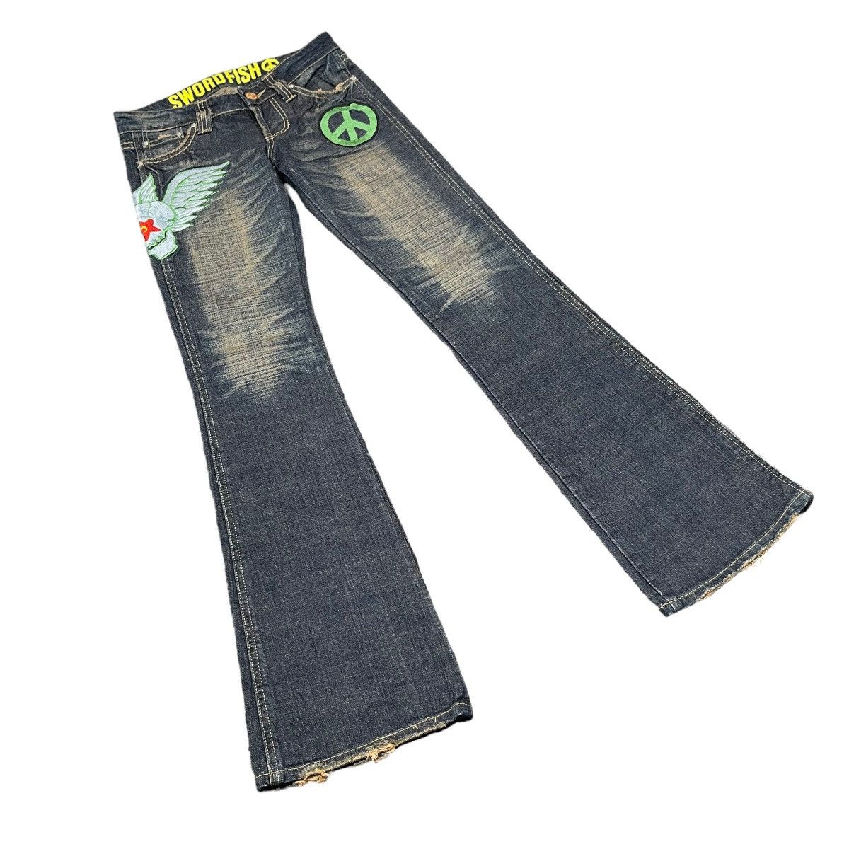 Hysteric Glamour × If Six Was Nine × Tornado Mart Peace Flare Skull Punk Embroidered Y2K Washed Denim Size 28" / US 6 / IT 42 - 1 Thumbnail