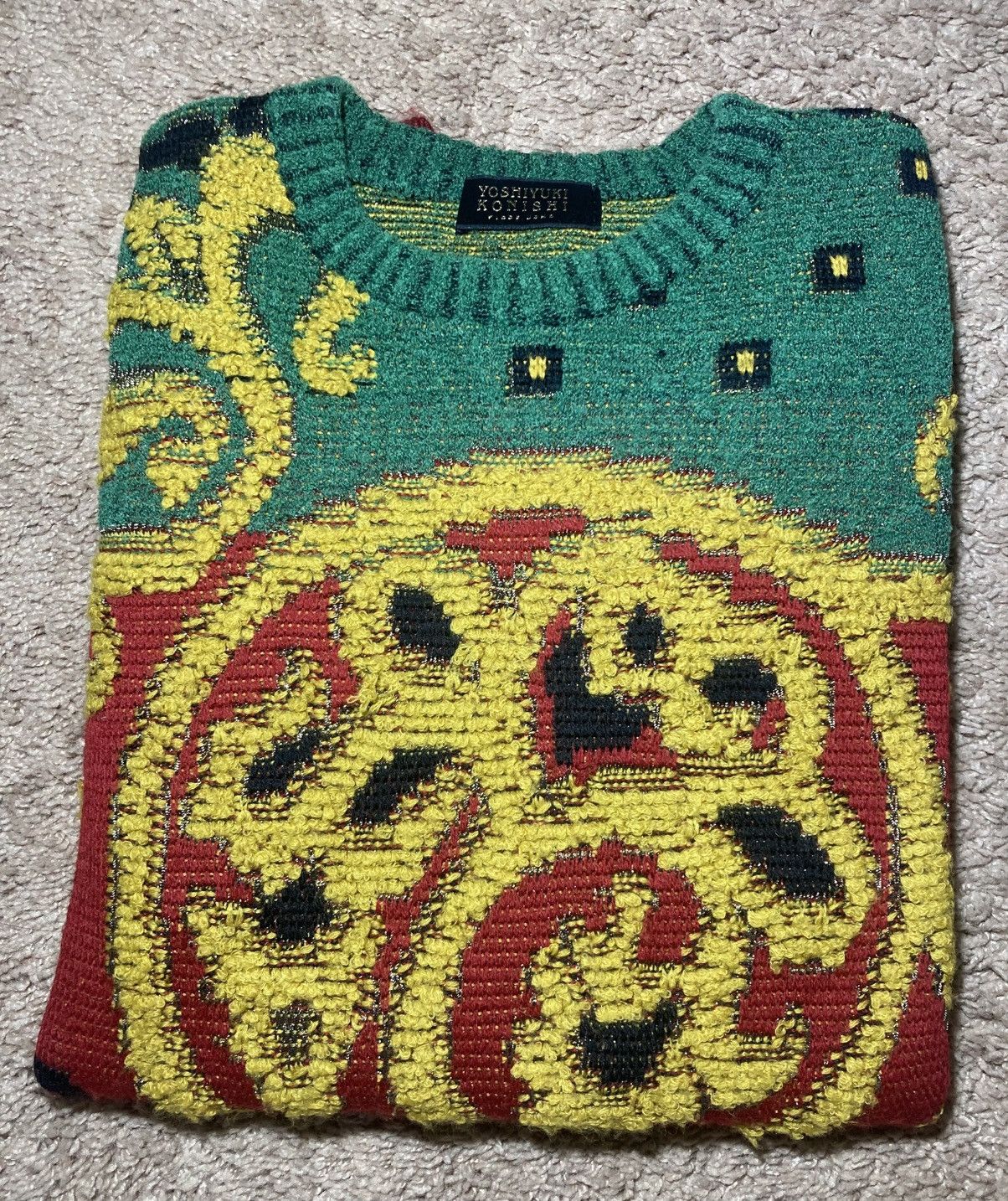 90s Ficce Yoshiyuki Konishi Green Knit Floral Emblem Sweater