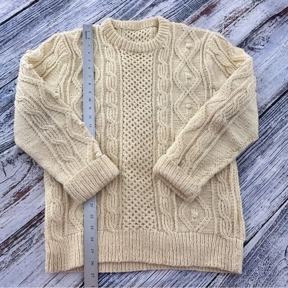 Handmade Hand Knit Cream Fisherman Cable Knit Wool Sweater Size US S / EU 44-46 / 1 - 8 Thumbnail