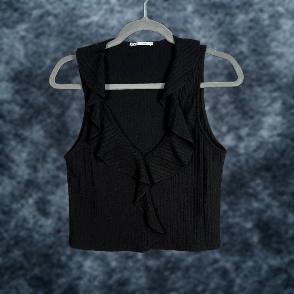 Zara Zara Black Ruffle Ribbed Sleeveless Top Womens Size Small Size S / US 4 / IT 40 - 1 Thumbnail