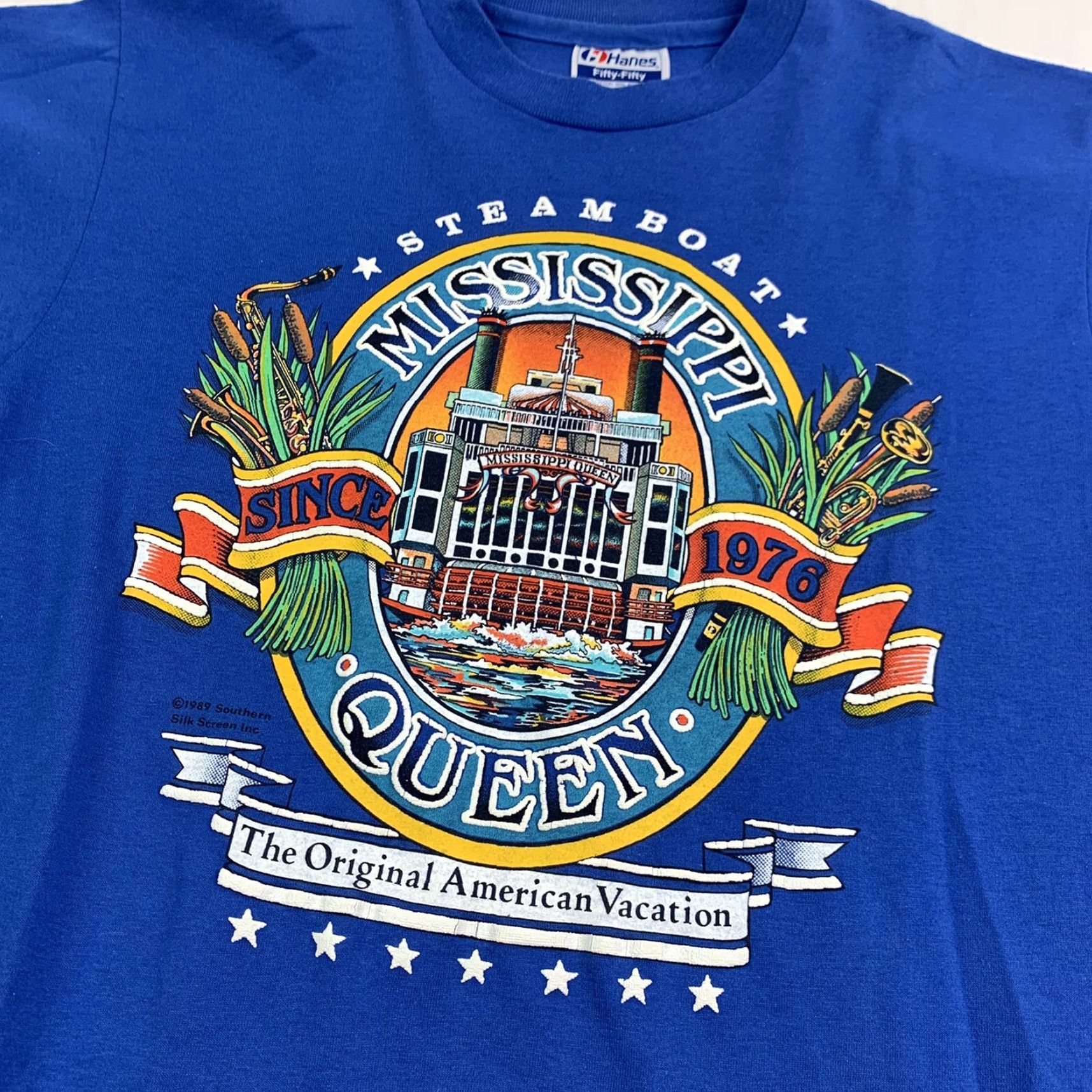 Hanes VINTAGE Mississippi Steamboat T Shirt Men Adult Small Blue 1989 80s Made in USA Hanes Crew Neck Short Sleeve T-Shirt USA 80s 90s Size US S / EU 44-46 / 1 - 2 Thumbnail