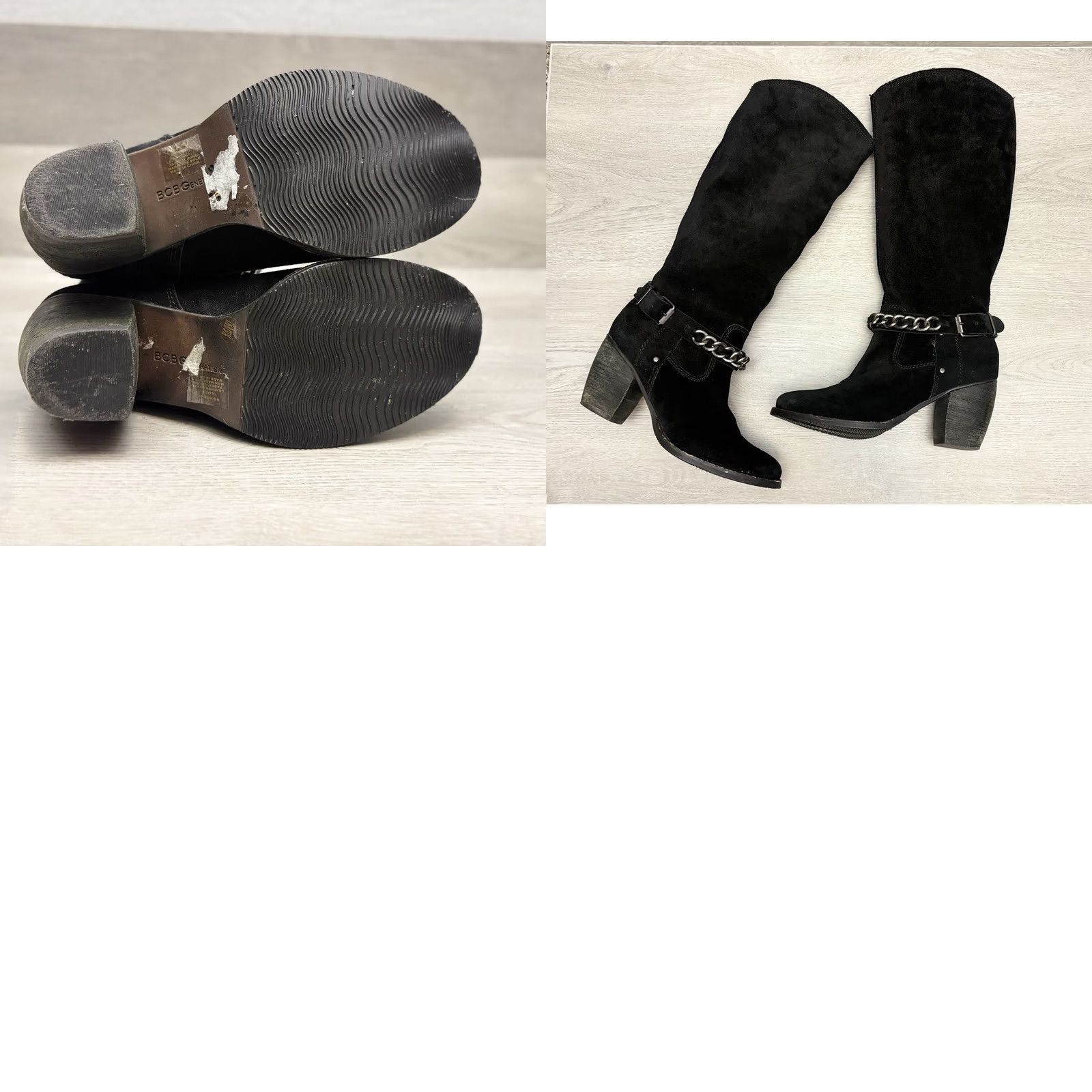BCBGeneration BCBGeneration Riding Boots Suede Chain Harness Stacked Heel 7.5M Black Size US 8 / IT 38 - 9 Thumbnail