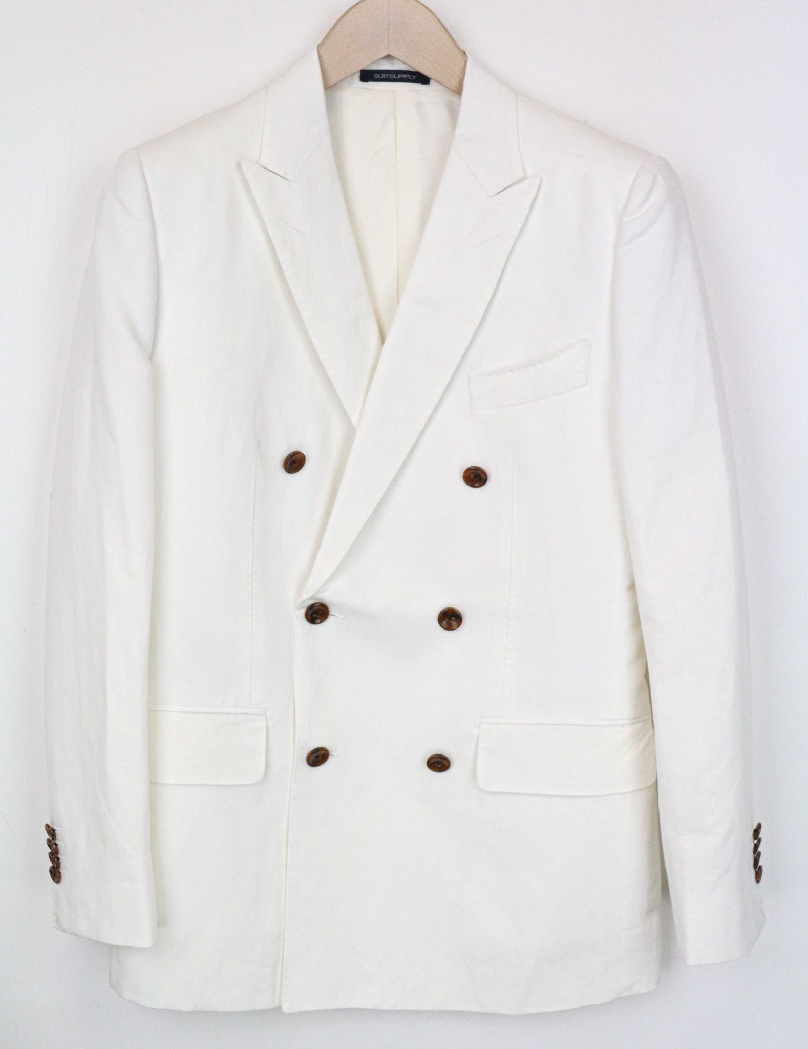 image of Suitsupply La Spalla Uk34R White Two-Row Herringbone Linen 71758, Men's