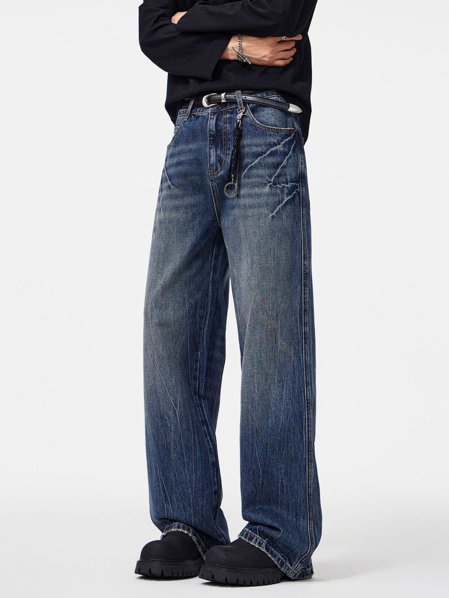 Vintage Blue washed lightning loose straight flared wide-leg jeans Size US 32 / EU 48 - 2 Thumbnail