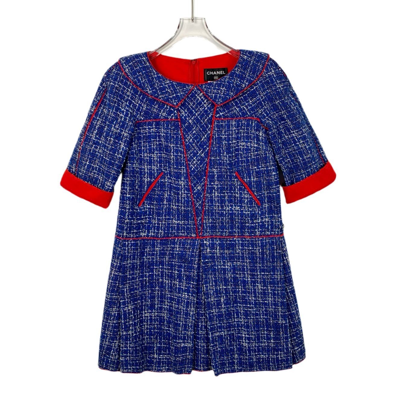Chanel Chanel Blue & Red Tweed Short Sleeve Doll Collar Dress Size Size XS / US 0-2 / IT 36-38 - 1 Thumbnail