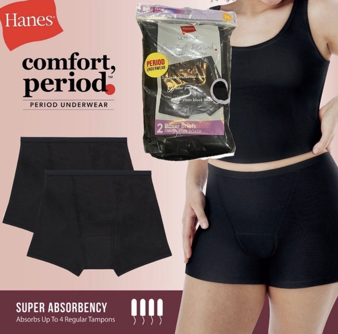 Hanes Hanes Ultimate Comfort 2-Pack Period Underwear Boxer Briefs Size ONE SIZE - 1 Thumbnail