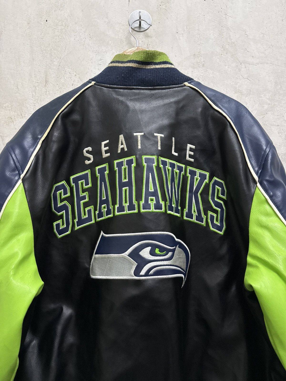 NFL Distressed Seattle Seahawks Leather Varsity Jacket Size US XXL / EU 58 / 5 - 2 Thumbnail