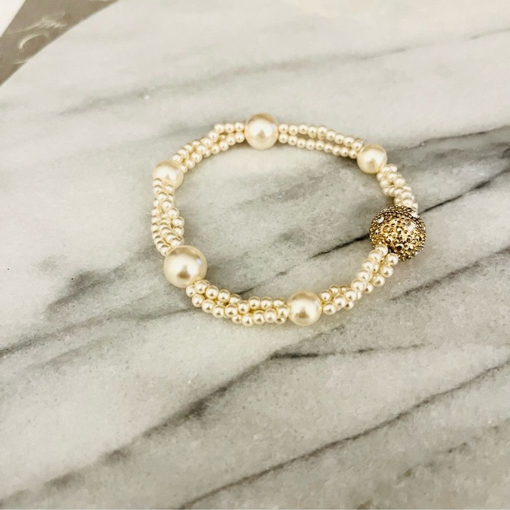 Vintage Vintage Faux Pearl Beaded Bracelet Ornate Gold Pave Crystal Size ONE SIZE - 6 Thumbnail
