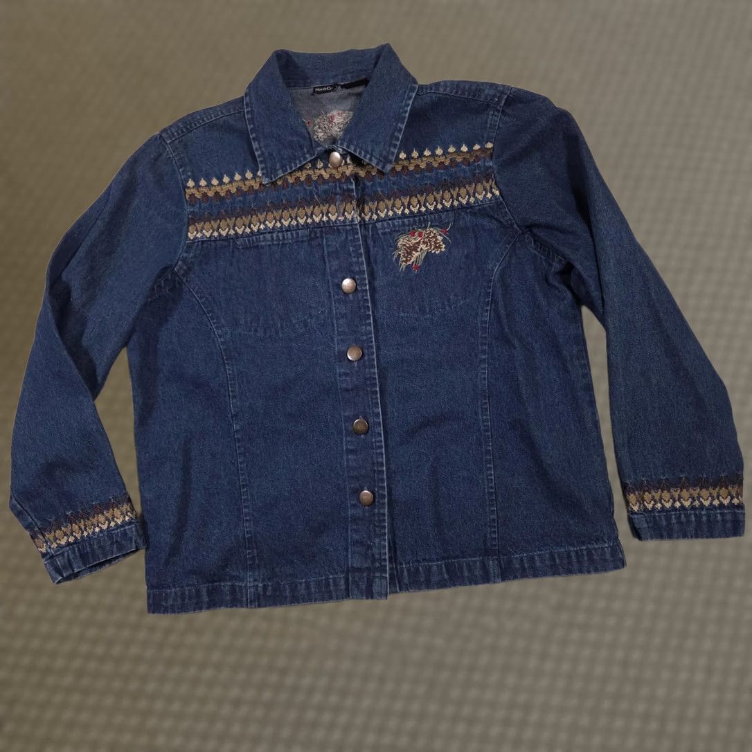 Denime VINTAGE NorthCrest Jacket Womens Large Blue Denim Fair Isle Pinecone Embroidered Holiday Size L / US 10 / IT 46 - 1 Thumbnail