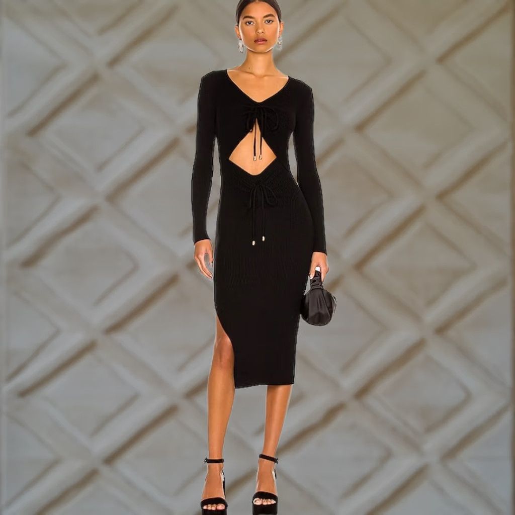 Vintage More To Come Ribbed Knit Cut-Out Midi Bodycon Dress Womens Medium Black Stretch Size M / US 6-8 / IT 42-44 - 1 Thumbnail