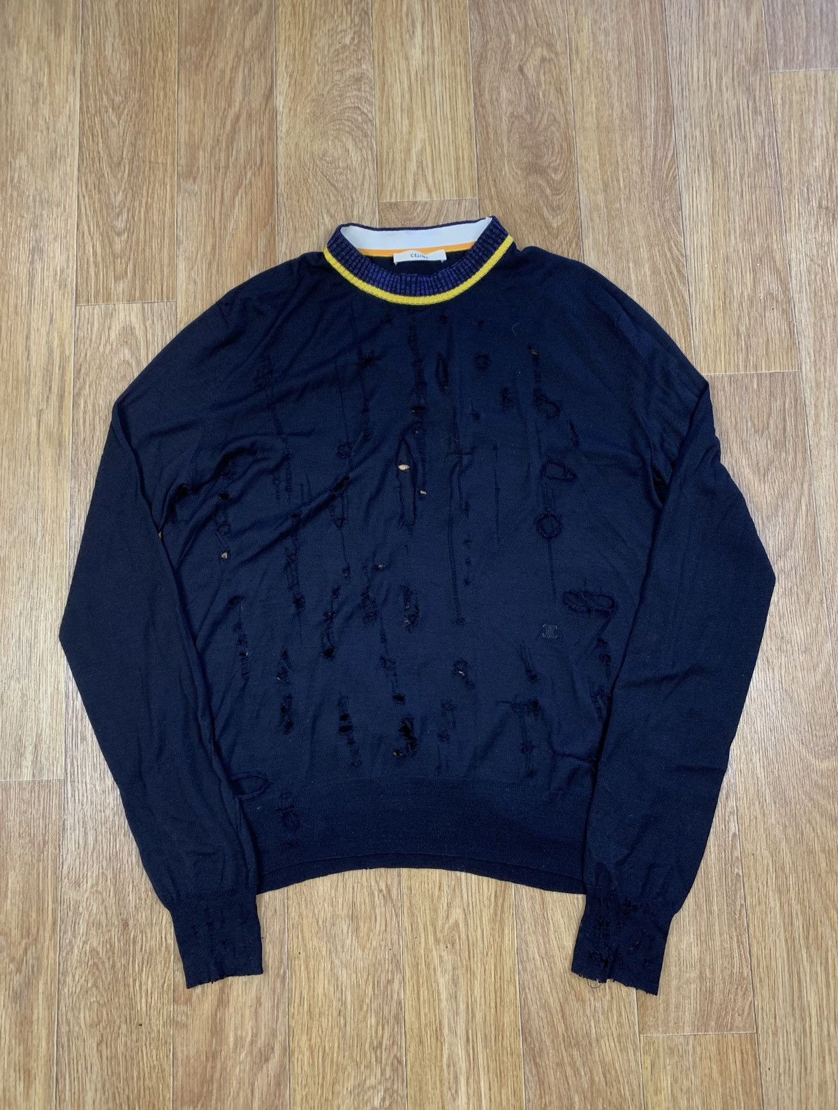 Celine Celine Distressed Dark Blue Custom Sweater Size US M / EU 48-50 / 2 - 1 Thumbnail