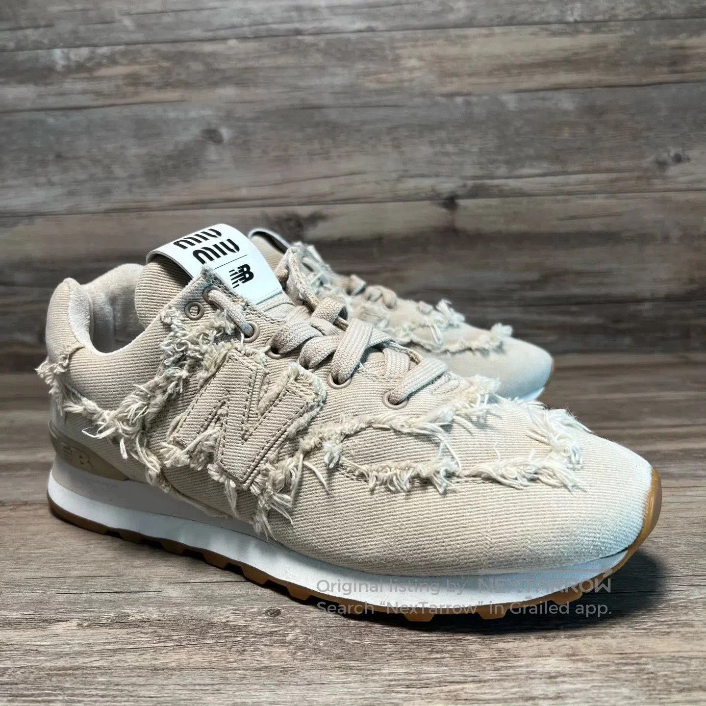 Miu Miu Beige Frayed Detail Low-Top Sneakers Size 8. Size US 8 / EU 41 - 2 Thumbnail