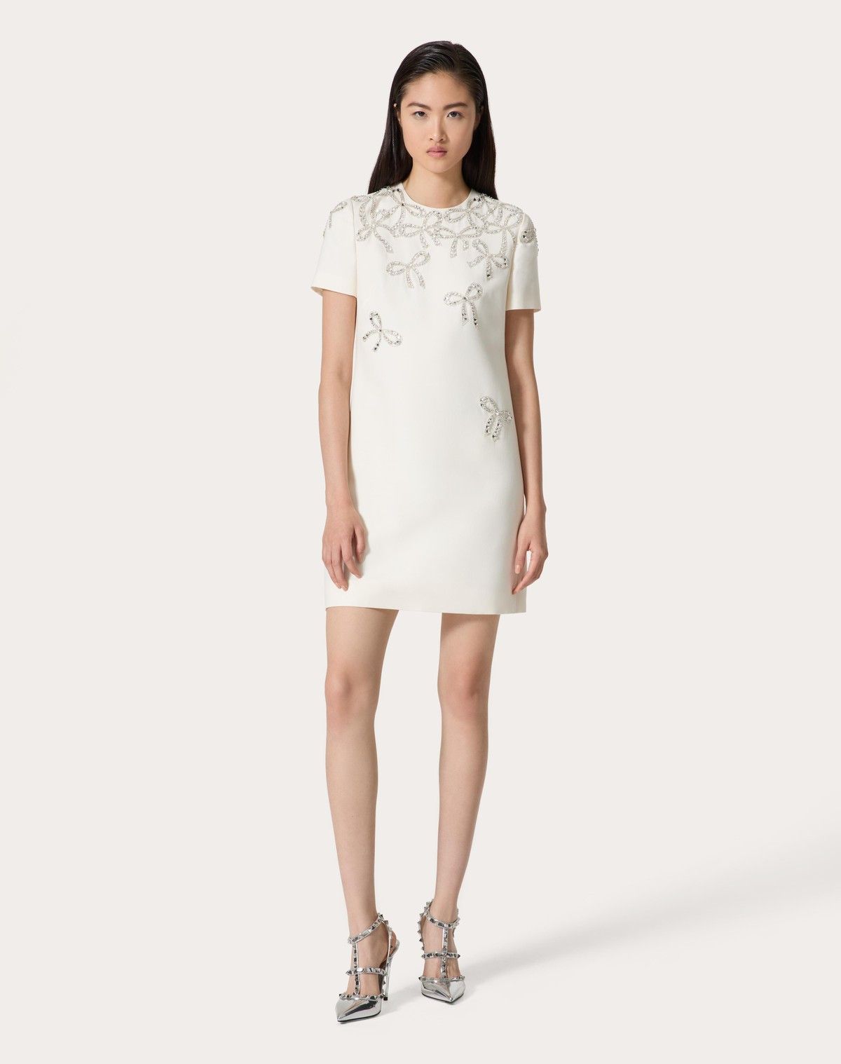 Valentino o1s1wg110525 Embroidered Crepe Couture Short Dress in White Size L / US 10 / IT 46 - 4 Thumbnail