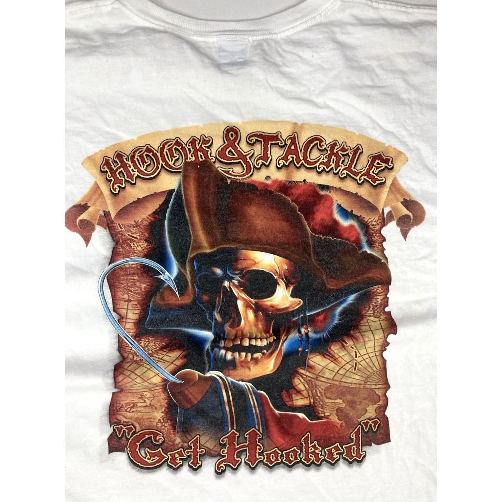 Vintage Hook & Tackle Get Hooked Graphic Pocket T-shirt Men XXL White Pirate Skull Shirt Size US XXL / EU 58 / 5 - 2 Thumbnail
