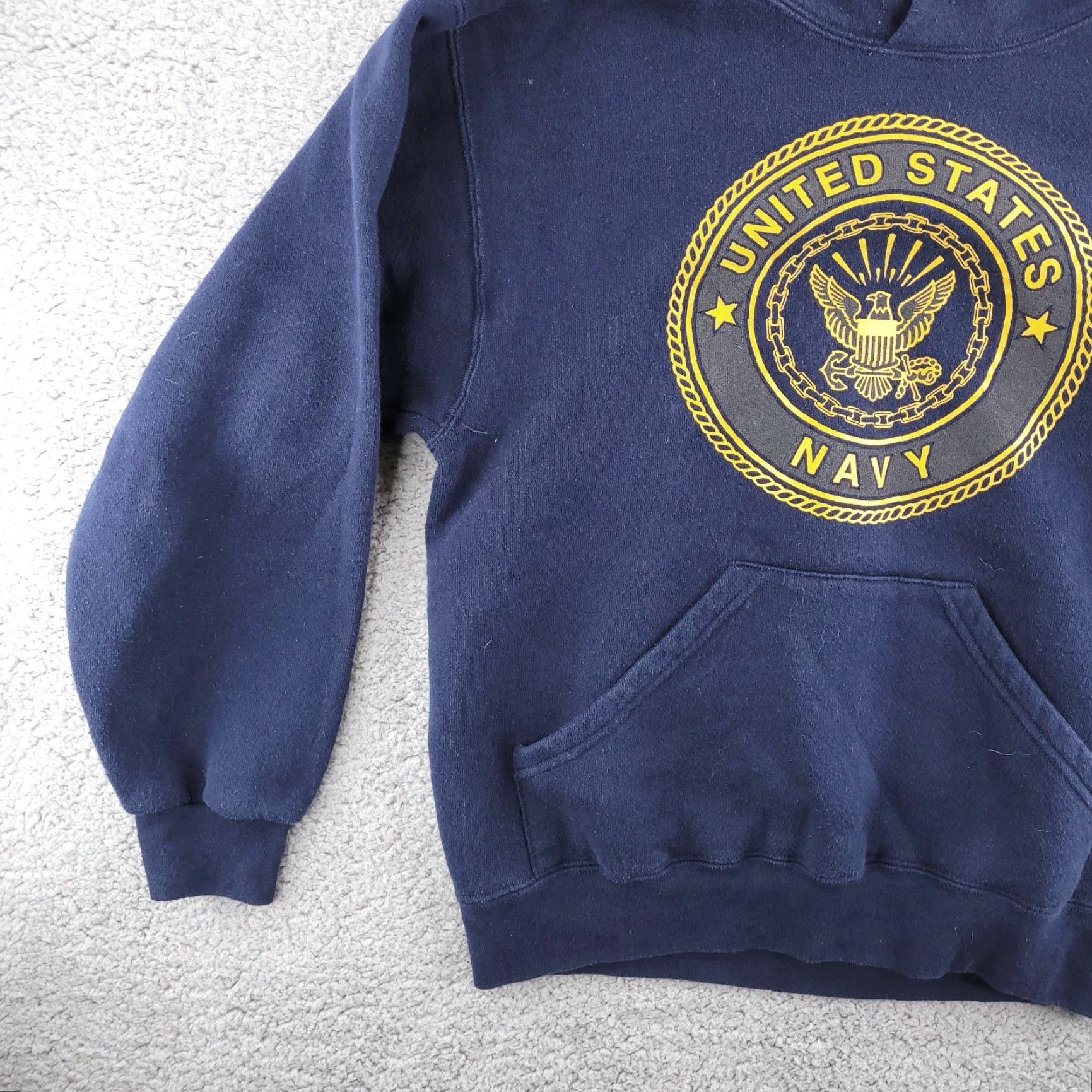 Soffe Soffe Hoodie Mens Small Pullover USA Navy Blue Sweatshirt Boxy Fit Vintage USN Logo Sold as pictured Size US S / EU 44-46 / 1 - 3 Thumbnail