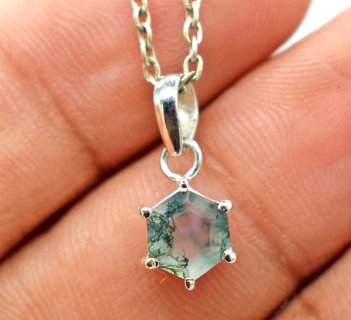 Handmade Cut Moss Agate Silver Necklace, Moss agate Necklace, Size ONE SIZE - 3 Thumbnail