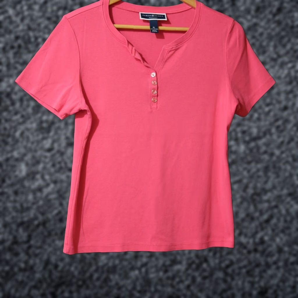 Vintage Karen Scott Blouse Short Sleeve Henley Neck Womens Pink MEGENTA PL #A7-10 Size L / US 10 / IT 46 - 1 Thumbnail